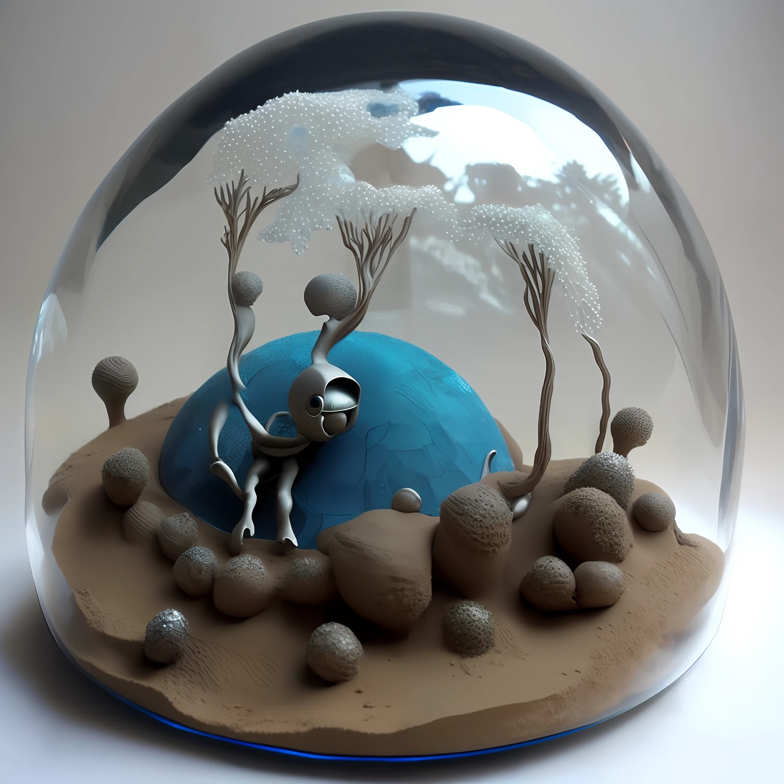 anthill made in the shape of sand art under clear glass dome with blues and greens and silver and charcoal colors-