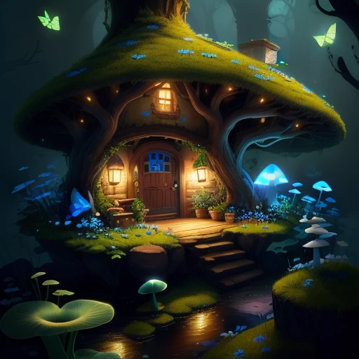 Smurphy's house is blue with flowers, butterflies in the form of a mushroom, cute, beautiful