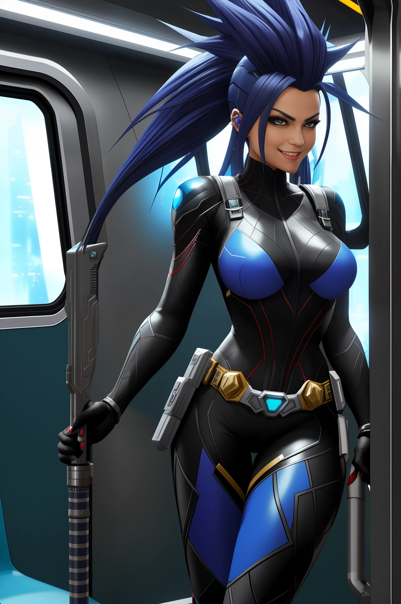 Knee-length body image of a woman/Batman/Kamen Rider/Mega Man-x/Spider-Man, on a futuristic subway train, has blue mohawk hair, she's looking at the viewer/smiling/holding futuristic weapons. Image with Max quality/resolution/sharpness/detail, Unreal Engine 5/Mortal Kombat, Cartoon/Anime style,