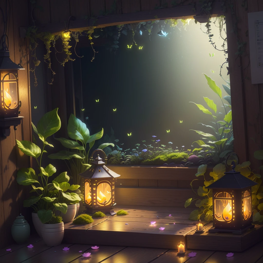 Masterpiece, best quality, (very detailed CG unity 8k wallpaper), (best quality), (best illustration), (best shadow), a mossy radish house, warlight surrounding the room, fireflies, petals, glowing windows, isometric 3D, Octane rendering, ray tracing, ultra-detailed