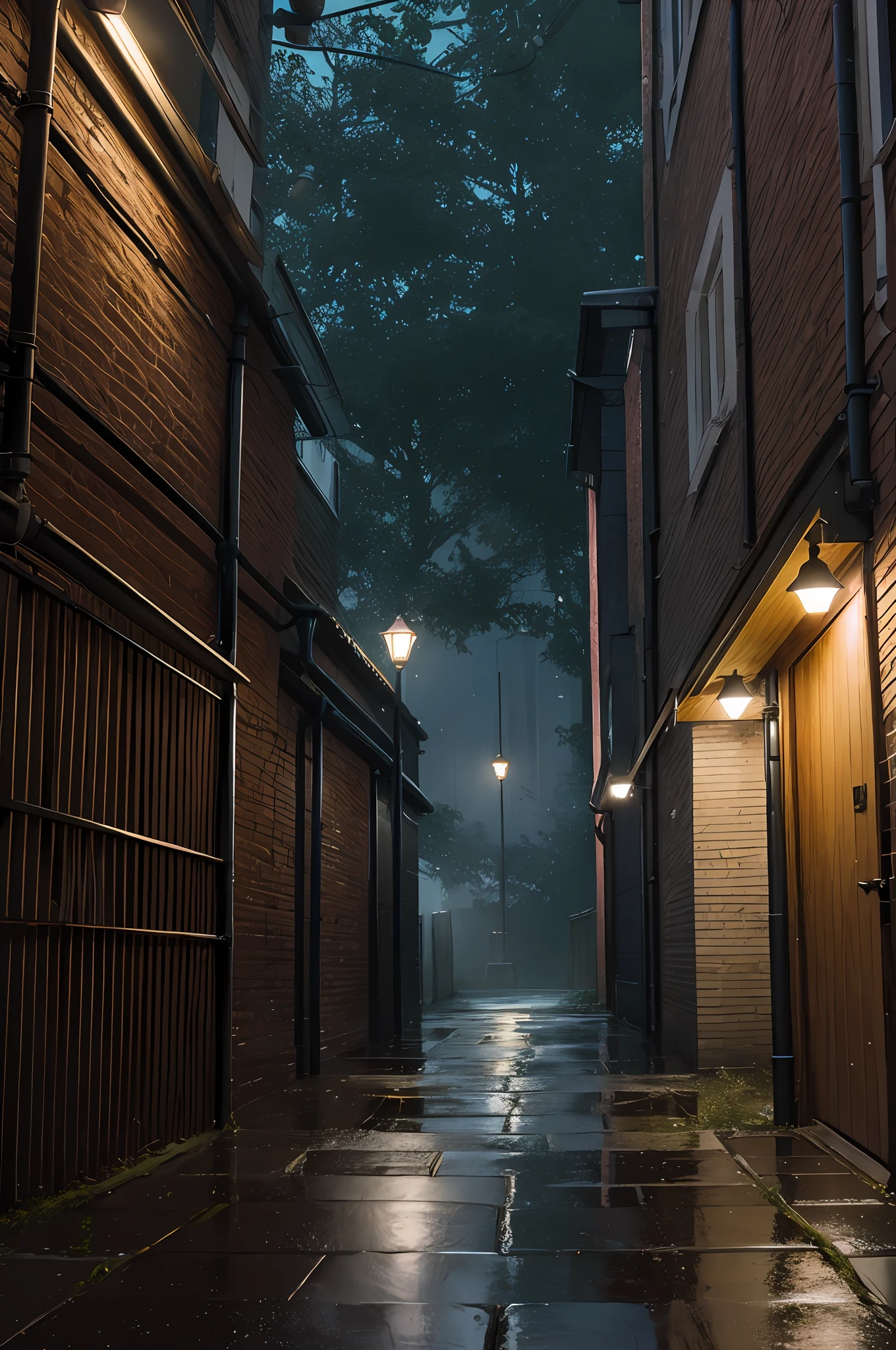 A backyard alley the rain, London style, are tangled, cinematic lighting soft lighting