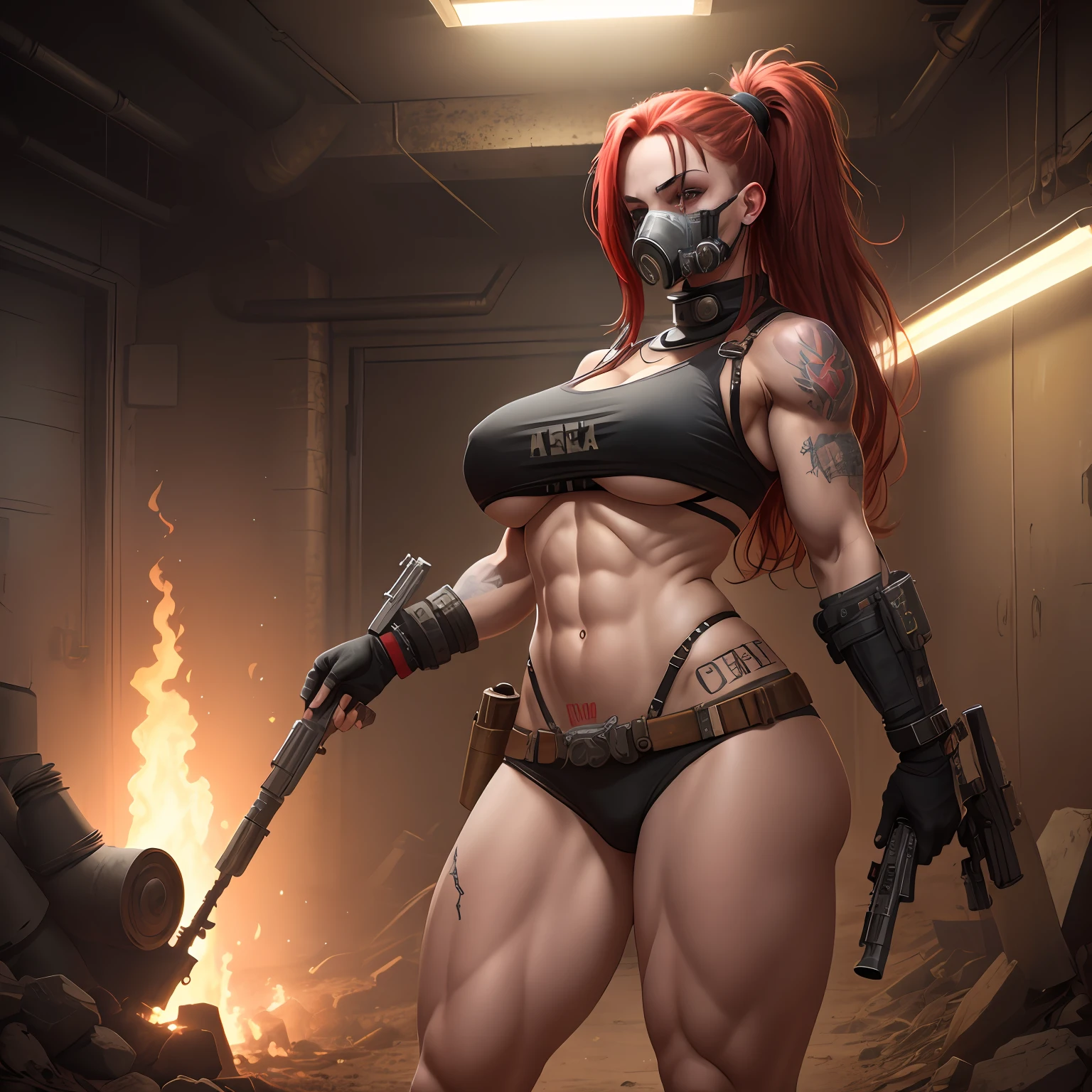 Wasteland punk, intersex lighting, ak47, gas mask, long red hair, tattoos, big breasts, long legs, muscular woman, hips, open thighs, delicate picture quality.