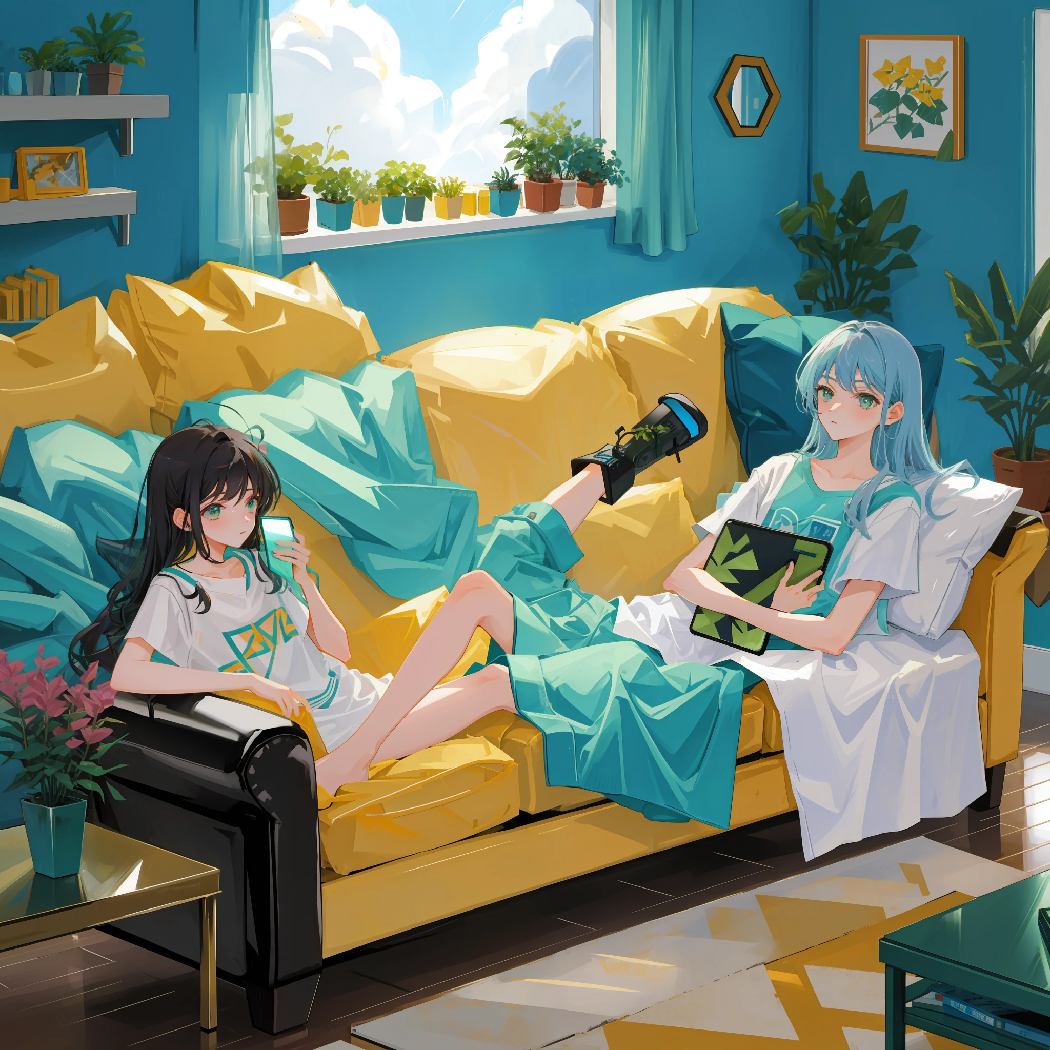 Sofa, TV, living room, a girl with long hair lying on sofa, playing with mobile phone, green plants