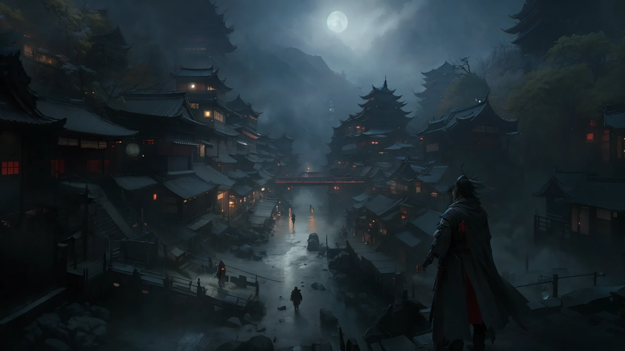 anime - style scene of a street with a man in a cloak, ghost of tsushima, traditional japanese concept art, dreamy chinese town, ancient chinese town, sekiro in bloodborne world, cyberpunk chinese temple, 4 k resolution concept art, chinese city, 4k concept art, 4 k concept art, feng zhu concept art, concept art stunning atmosphere