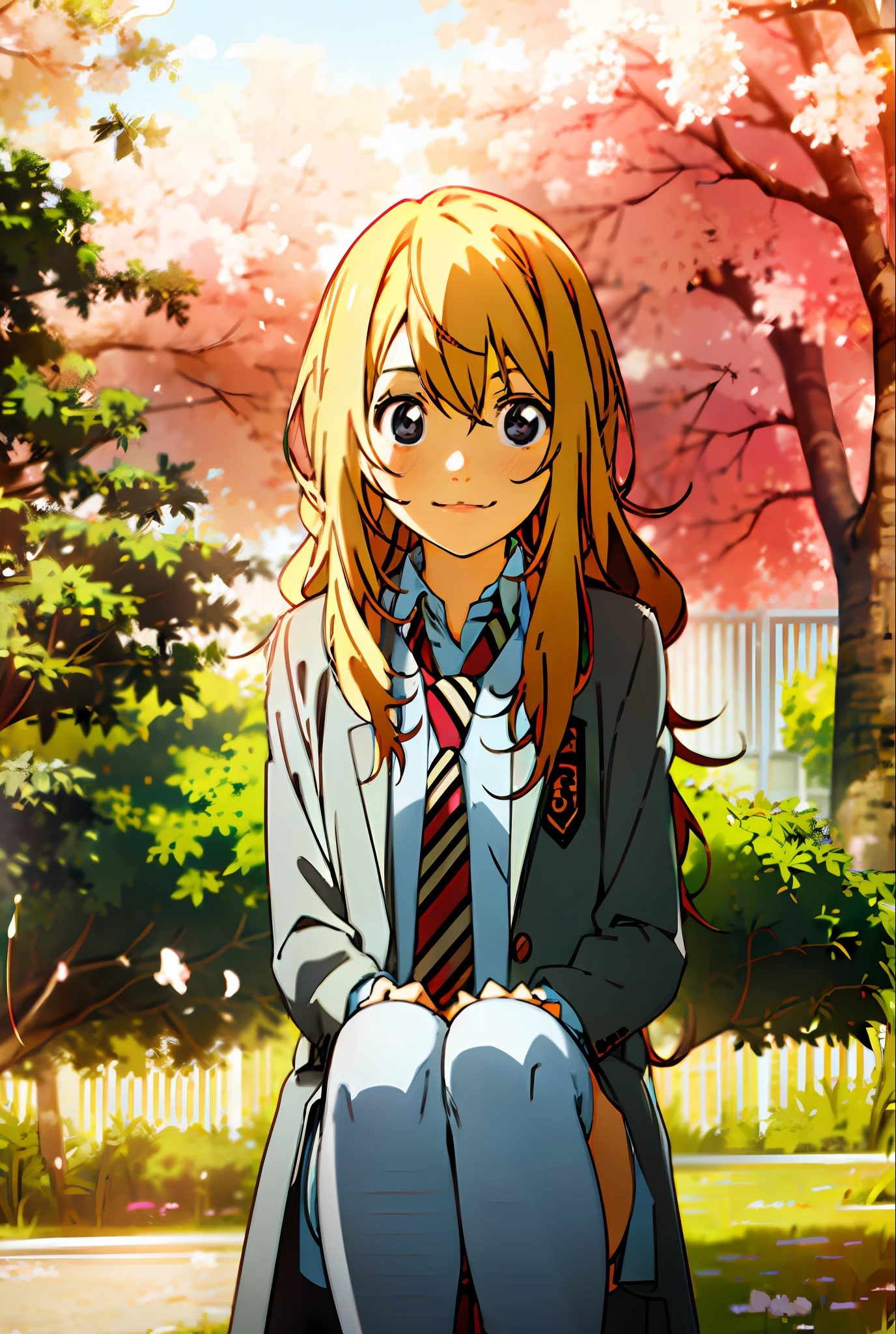 kaori, blonde_hair, school uniform, standing, 1girl, solo, smile, long_sleeves, long_hair, upper body, elegant, octane rendering,8k, best quality, masterpiece, an extremely delicate and beautiful face, realistic, beautiful, makeup, with necklace, detailed, garden background, ((()) sitting under a cherry tree, sitting under a tree, view from afar,