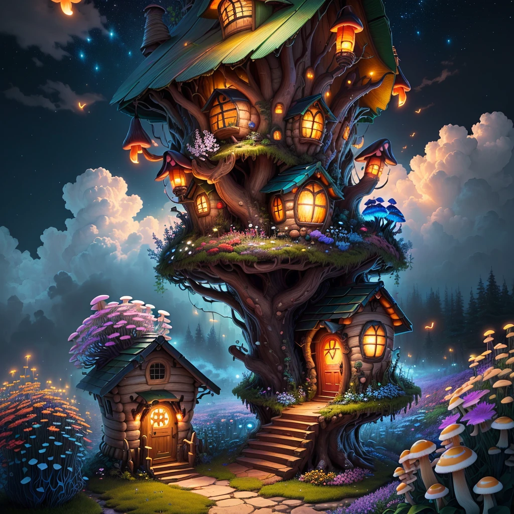 (Swirling clouds and colorful flowers), (forest fireflies fantasy mushroom house), (midnight), (Irregular), (mysterious), (ridiculous), dreamy, disney, painted by Thomas Kincaid, artstation, sharp focus, inspiring 8k wallpaper,