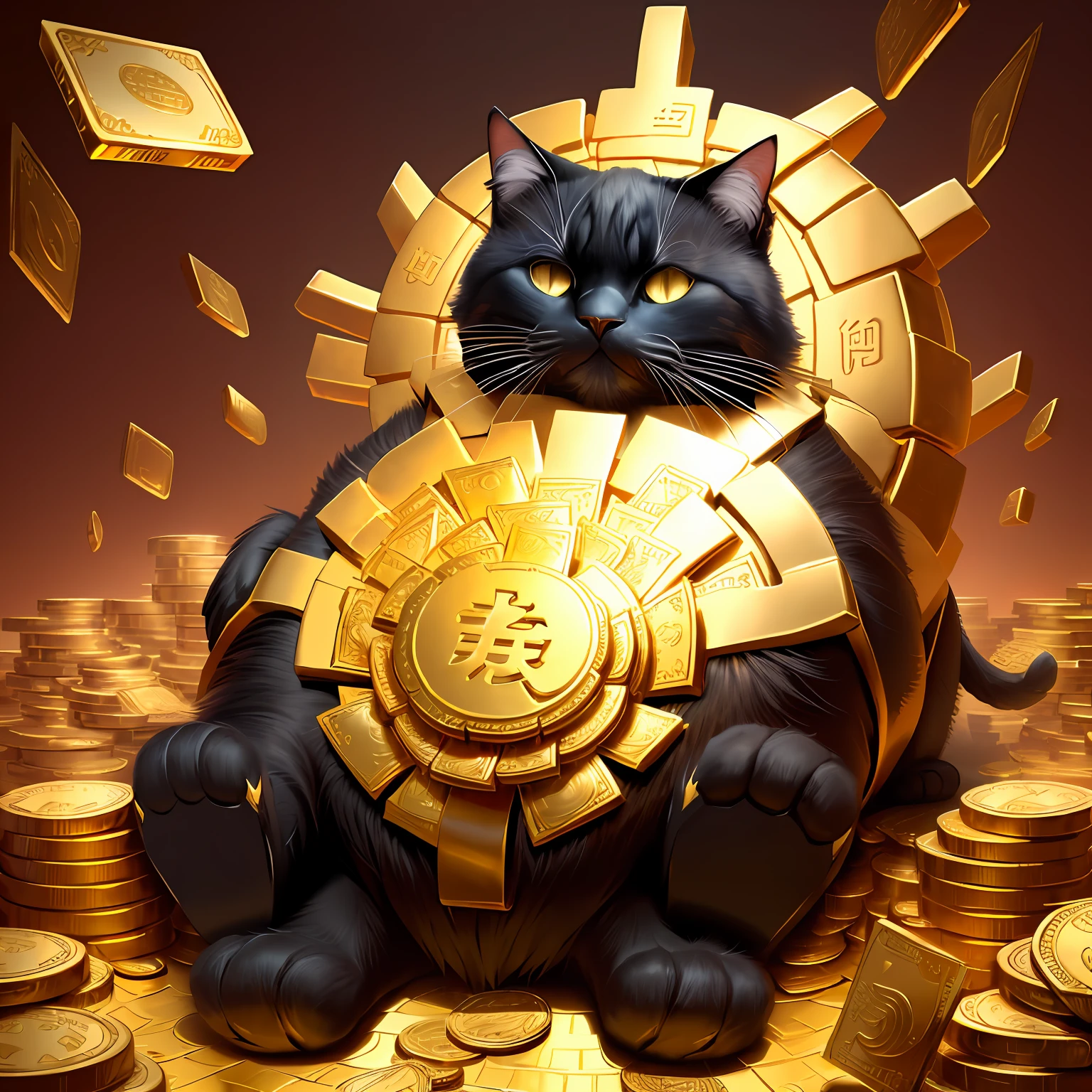 giant fortune cat surrounded with pile of gold, gold coins and some cash