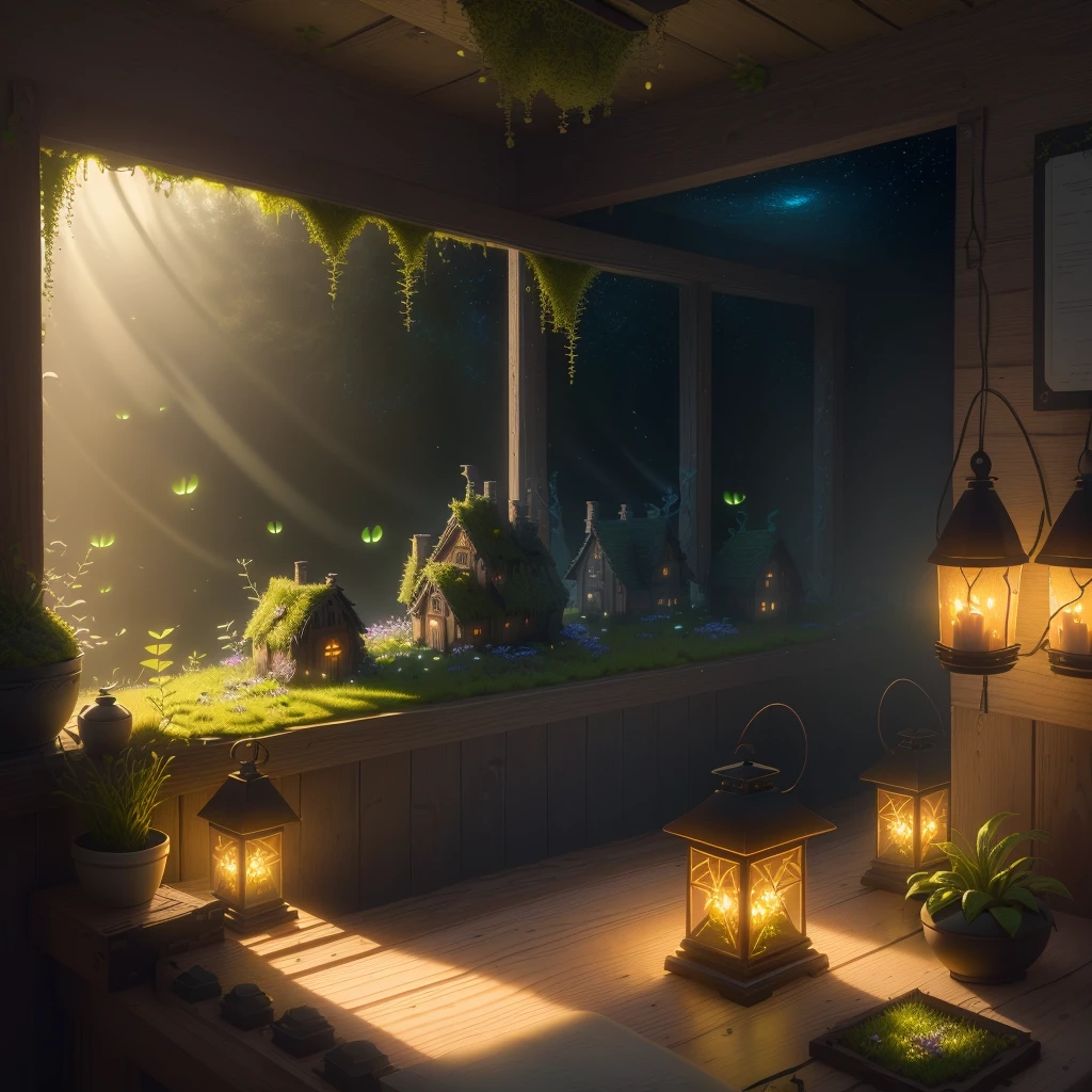 Masterpiece, best quality, (very detailed CG unity 8k wallpaper), (best quality), (best illustration), (best shadow), a mossy radish house, warlight surrounding the room, fireflies, petals, glowing windows, isometric 3D, Octane rendering, ray tracing, ultra-detailed