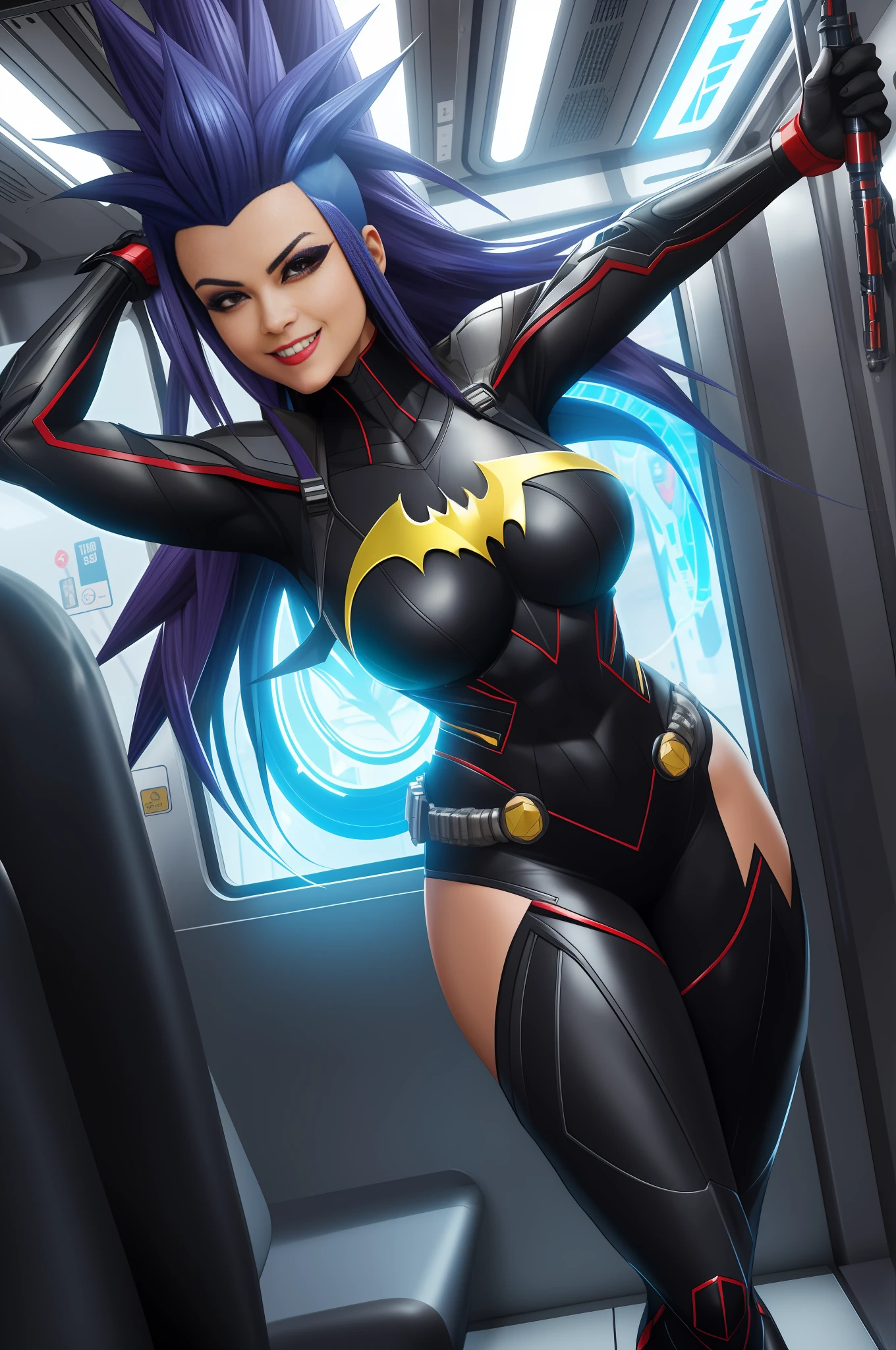 Full body image of a woman/Batman/Kamen Rider/Mega Man-x/Spider-Man, on a futuristic subway train, has blue mohawk hair, she's looking at the viewer/smiling/holding futuristic weapons. Image with Max quality/resolution/sharpness/detail, Unreal Engine 5/Mortal Kombat, Cartoon/Anime style,