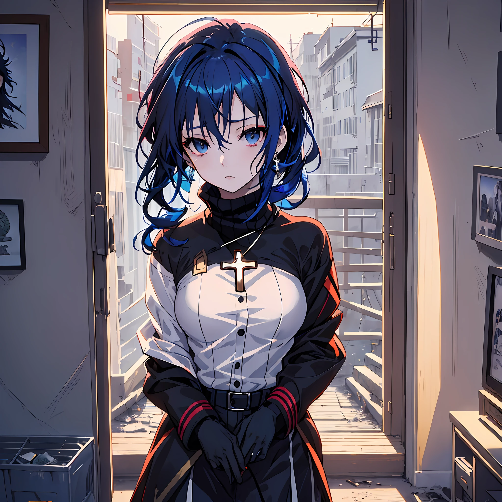 ((((dramatic))), (((gritty))), (((intense))),anime character,1girl,solo,dark blue hair,long wavy hair,hair covering eye's, wearing cross earrings,wearing a turtle neck, beautiful face, beautiful eye's, vibrant colors, night, highest quality digital art, Stunning art, wallpaper 4k,8k,64k, HD, unparalleled masterpiece, dynamic lighting, cinematic, epic, close up shot