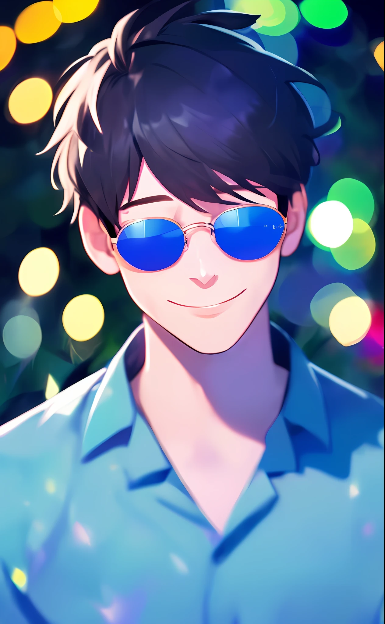 1 boy, man, (brunet: 1.4) (smile, closed eyes: 0.992), outdoors, (upper body, face close-up: 1.4) (wearing sunglasses) (background bokeh: 1.2), flowers