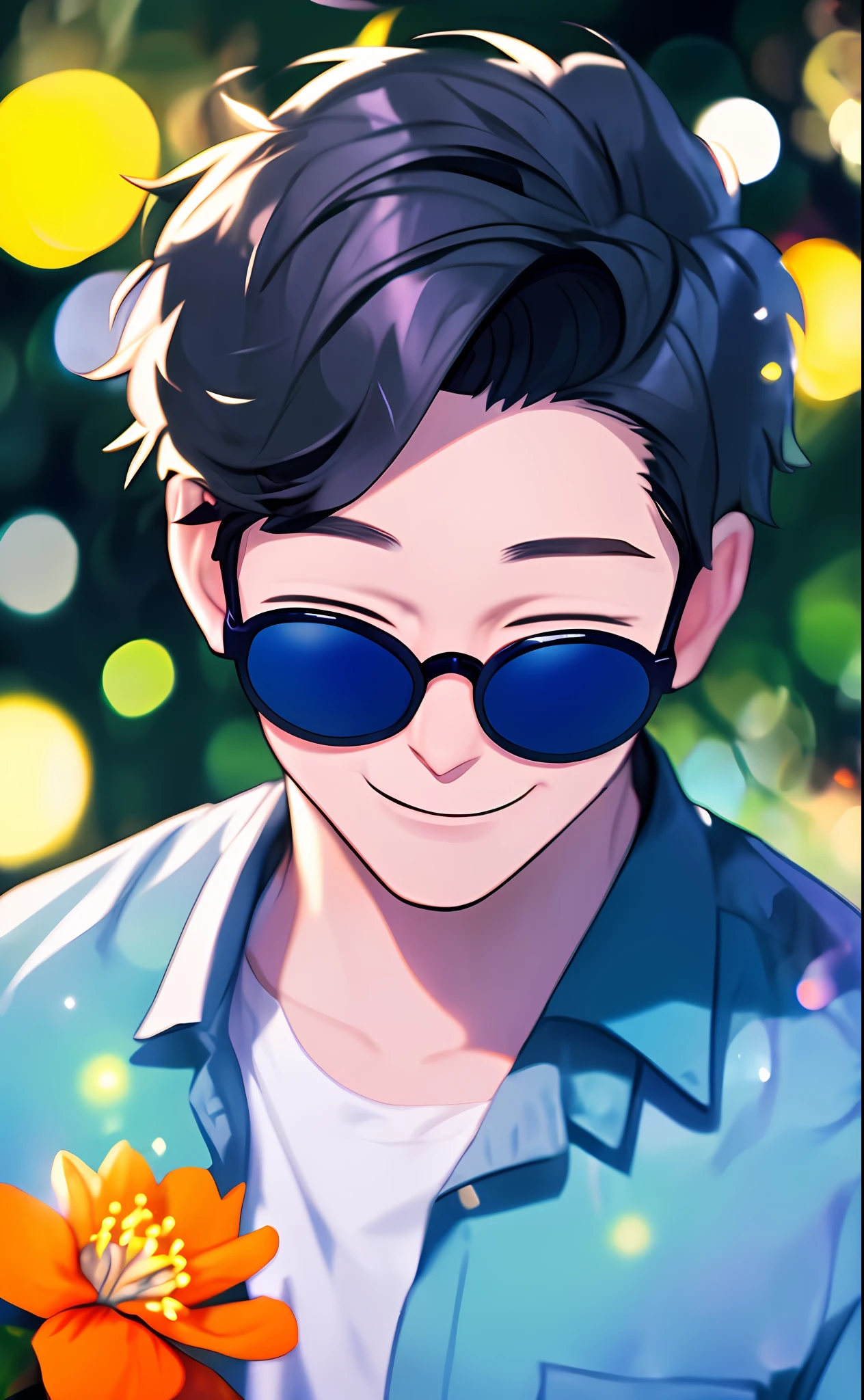 1 boy, man, (brunet: 1.4) (smile, closed eyes: 0.992), outdoors, (upper body, face close-up: 1.4) (wearing sunglasses) (background bokeh: 1.2), flowers