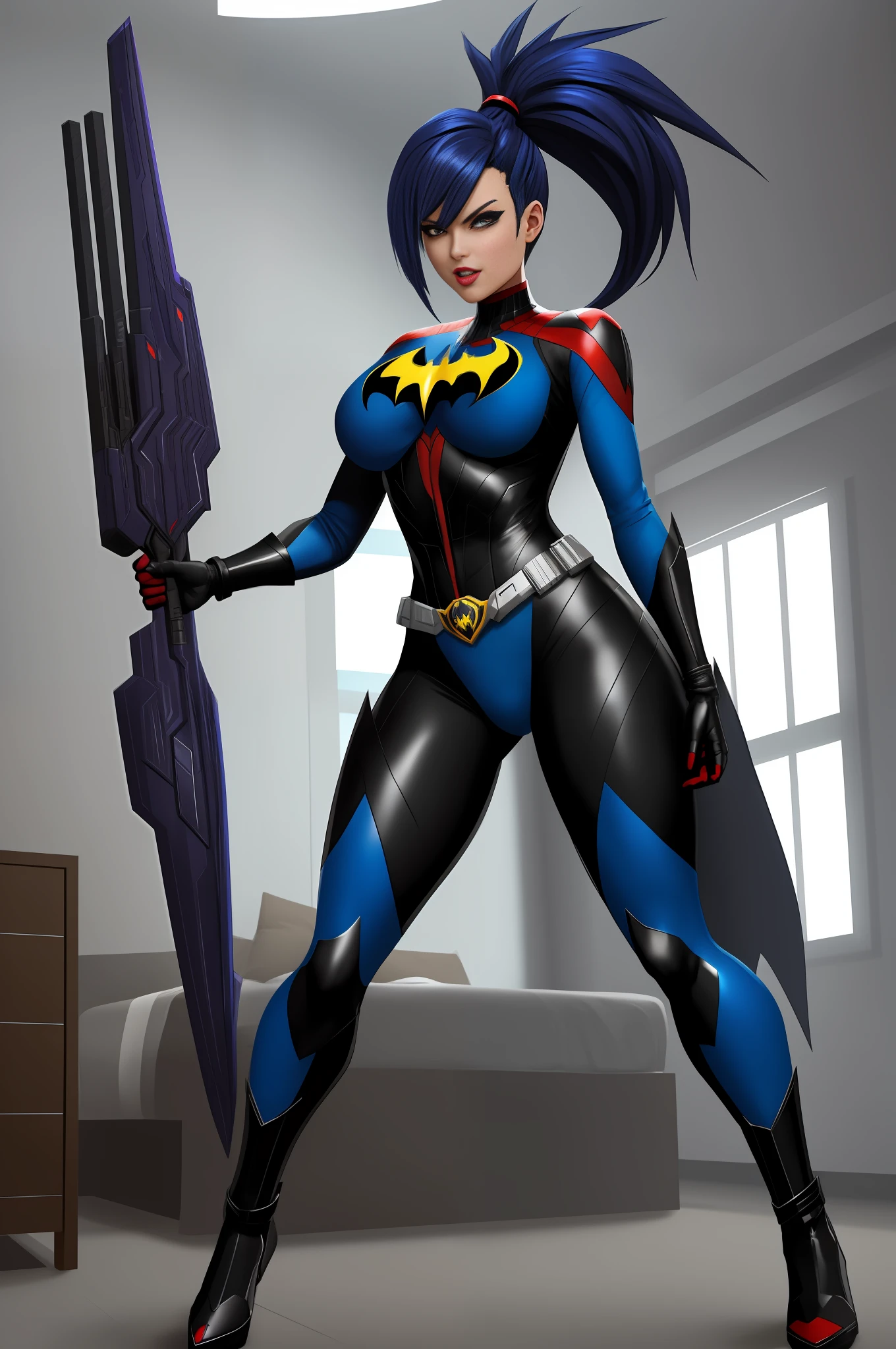 Full body image of a woman/Batman/Kamen Rider/Mega Man-x/Spider-Man, in a brothel in front of a bed, blue mohawk hair, looking at the viewer/grimacing with her tongue/holding futuristic weapons. Image with Max quality/resolution/sharpness/detail, Unreal Engine 5/Mortal Kombat, Cartoon/Anime style,