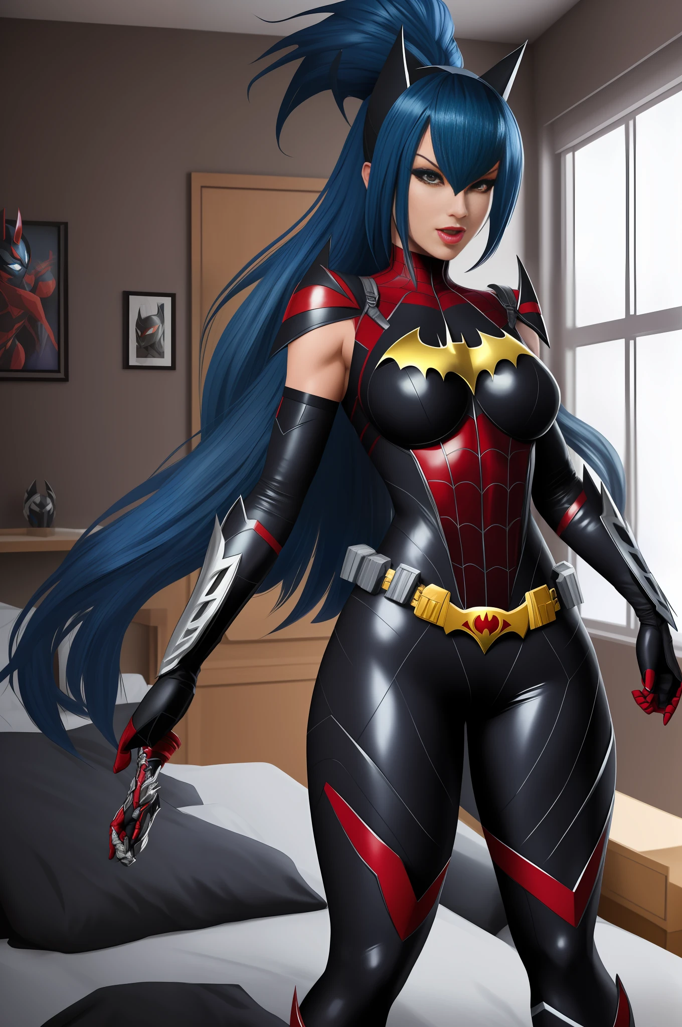 Full body image of a woman/Batman/Kamen Rider/Mega Man-x/Spider-Man, in a brothel in front of a bed, blue mohawk hair, looking at the viewer/grimacing with her tongue/holding futuristic weapons. Image with Max quality/resolution/sharpness/detail, Unreal Engine 5/Mortal Kombat, Cartoon/Anime style,