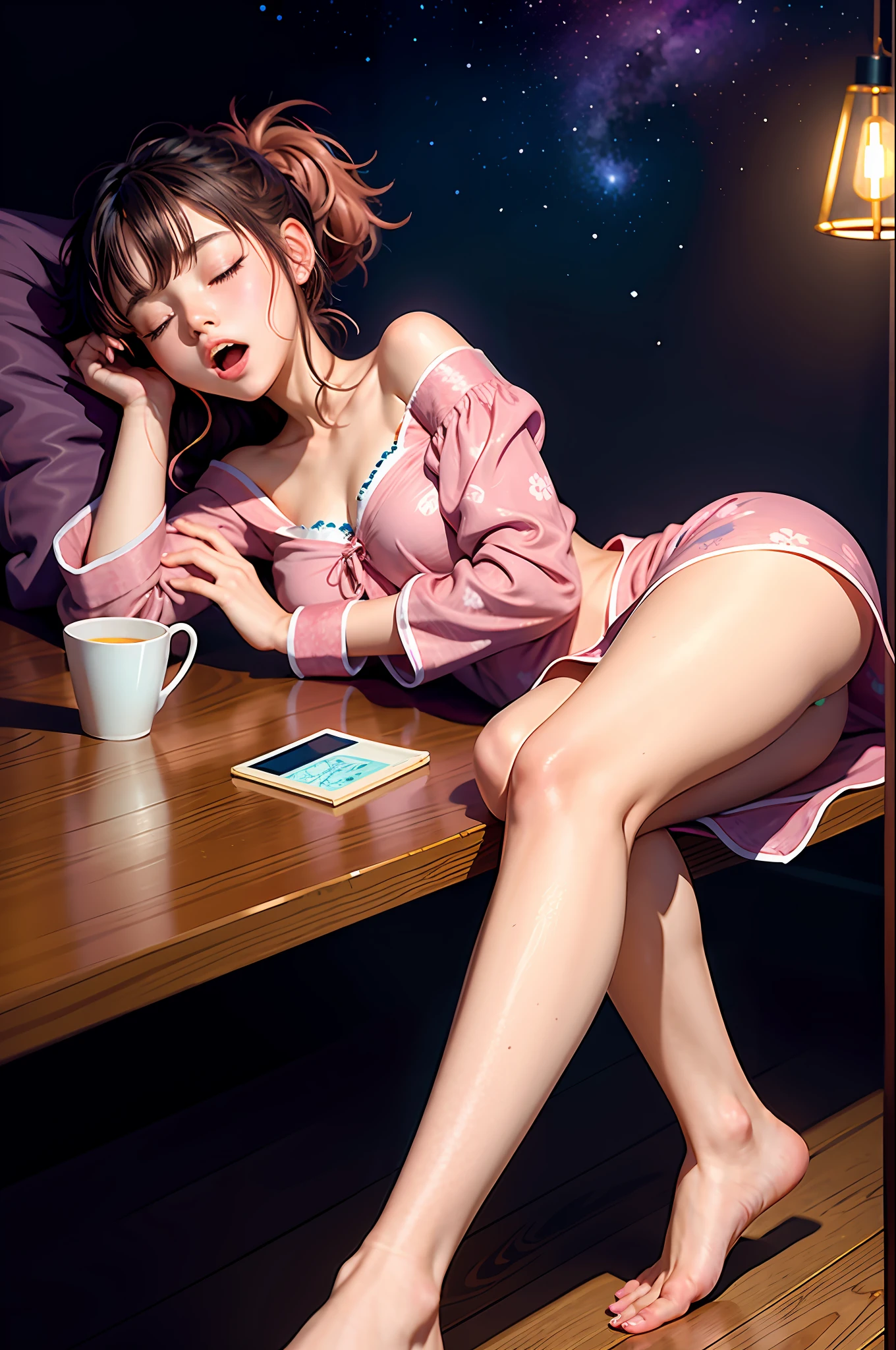 1girl yawning sleep in bed, in pajamas next to a table with pieces of epoxy resin, (Sketch:1.2), anime key visual, night , Happy, Vaporwave Art, Rembrandt lighting, extremely detailed CG Unity 8k wallpaper