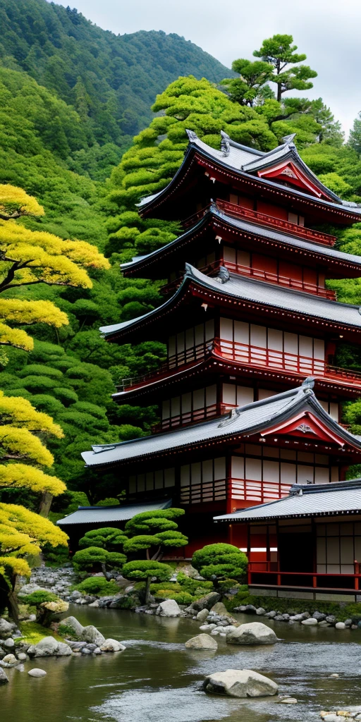 japan monk loft stattion on the mountain and beside the river in the forest,side angle high place,8K resoluiton wallpaper Hd