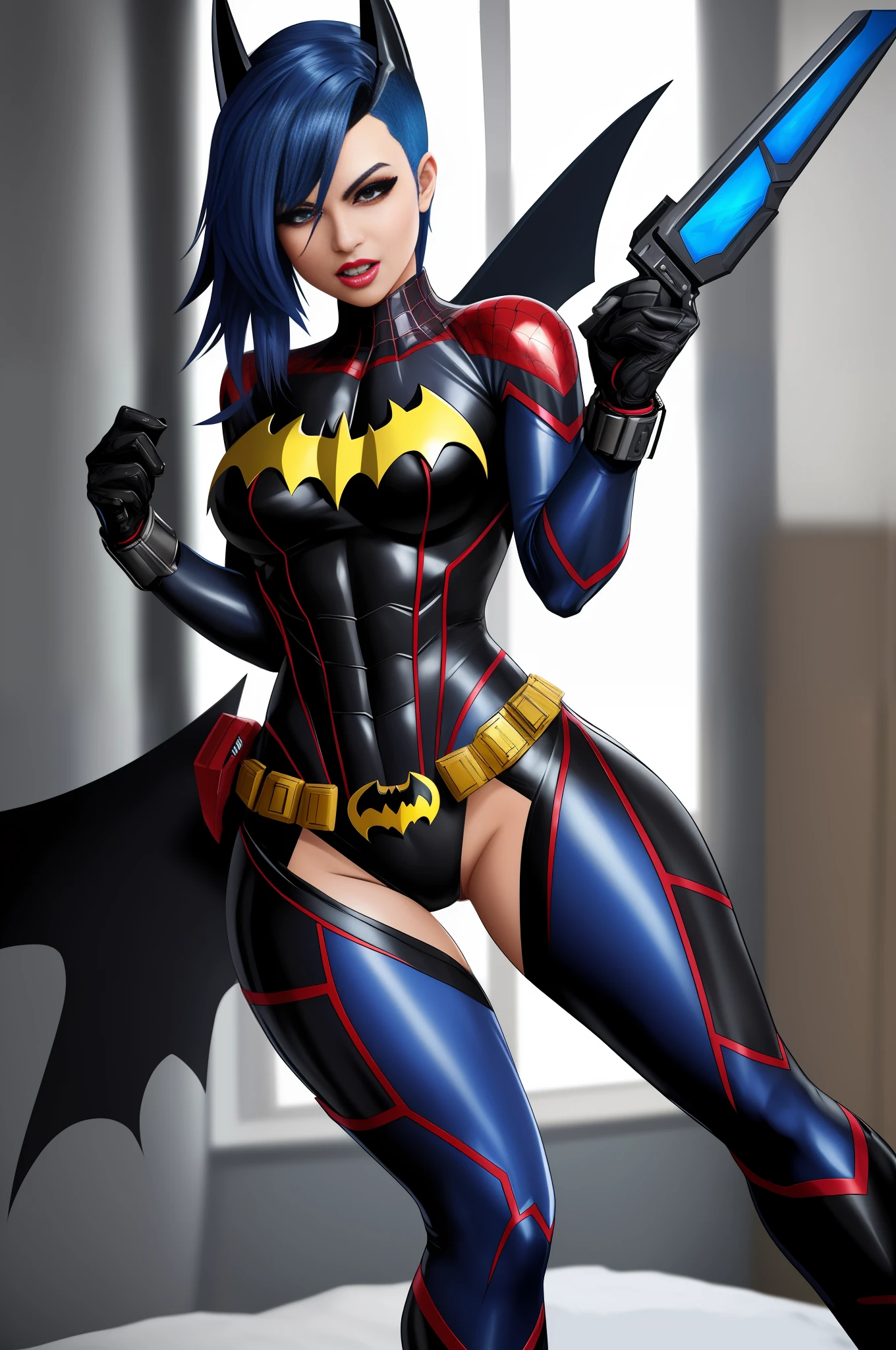 Full body image of one (woman/Batman/Kamen Rider/Mega Man-x/Spider-Man), in a brothel in front of a bed, blue mohawk hair, staring at the viewer/grimacing with her tongue/holding futuristic weapons. Image with Max quality/resolution/sharpness/detail, Unreal Engine 5/Mortal Kombat, Cartoon/Anime style,