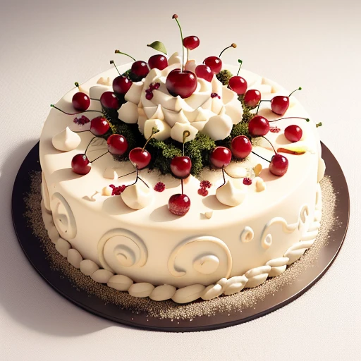 an white chocolate like fountain ant hill with some cherries circling around, and on front, a fairy statue in each side