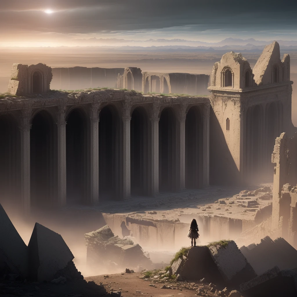 end of the world, ((Extreme Wide Shot)), HDR, Dramatic Lighting, (8k resolution), 8k, 8kres, palace, masterpiece, best quality, ruins, planet, plant, (1girl)