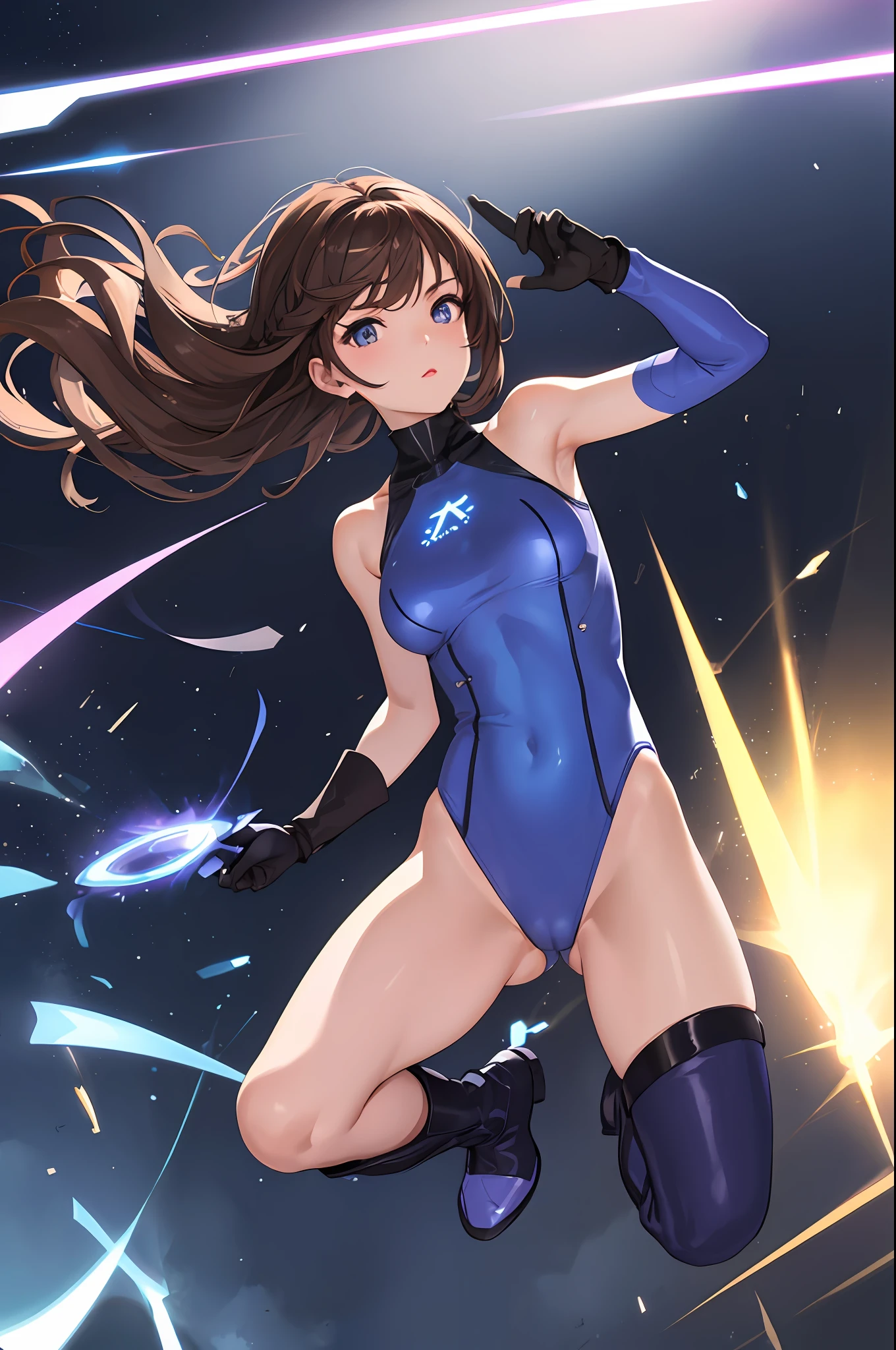 masterpiece, best quality, highres, 1girl, solo, superhero, leotard, bare legs, boots, matching boots, aura, blue aura, sleeveless, gloves, bracelets, matching gloves, looking at viewer, light particles, city backdrop, perfect hands, perfect eyes, powering up, perfect leotard, perfect legs, perfect arms, perfect fingers, light blue and dark purple leotard, brown hair, hazel eyes, medium breasts, medium hair,