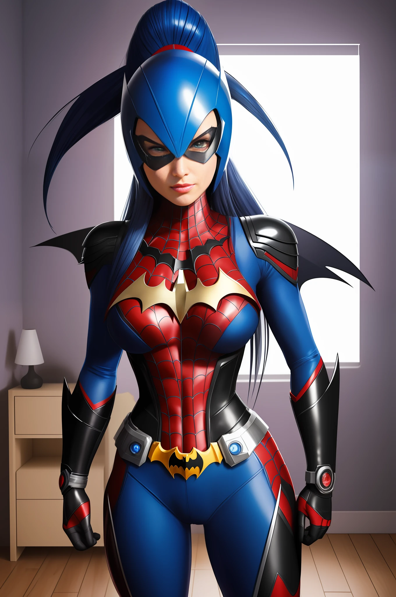 ((Full body image of a woman/Mega Man-X/Batman/Kamen Rider/Spider-Man)), in a brothel in front of a bed, blue mohawk hair, staring at the viewer/grimacing with his tongue/holding futuristic weapons. Image with Max quality/resolution/sharpness/detail, Unreal Engine 5/Mortal Kombat, Cartoon/Anime style,