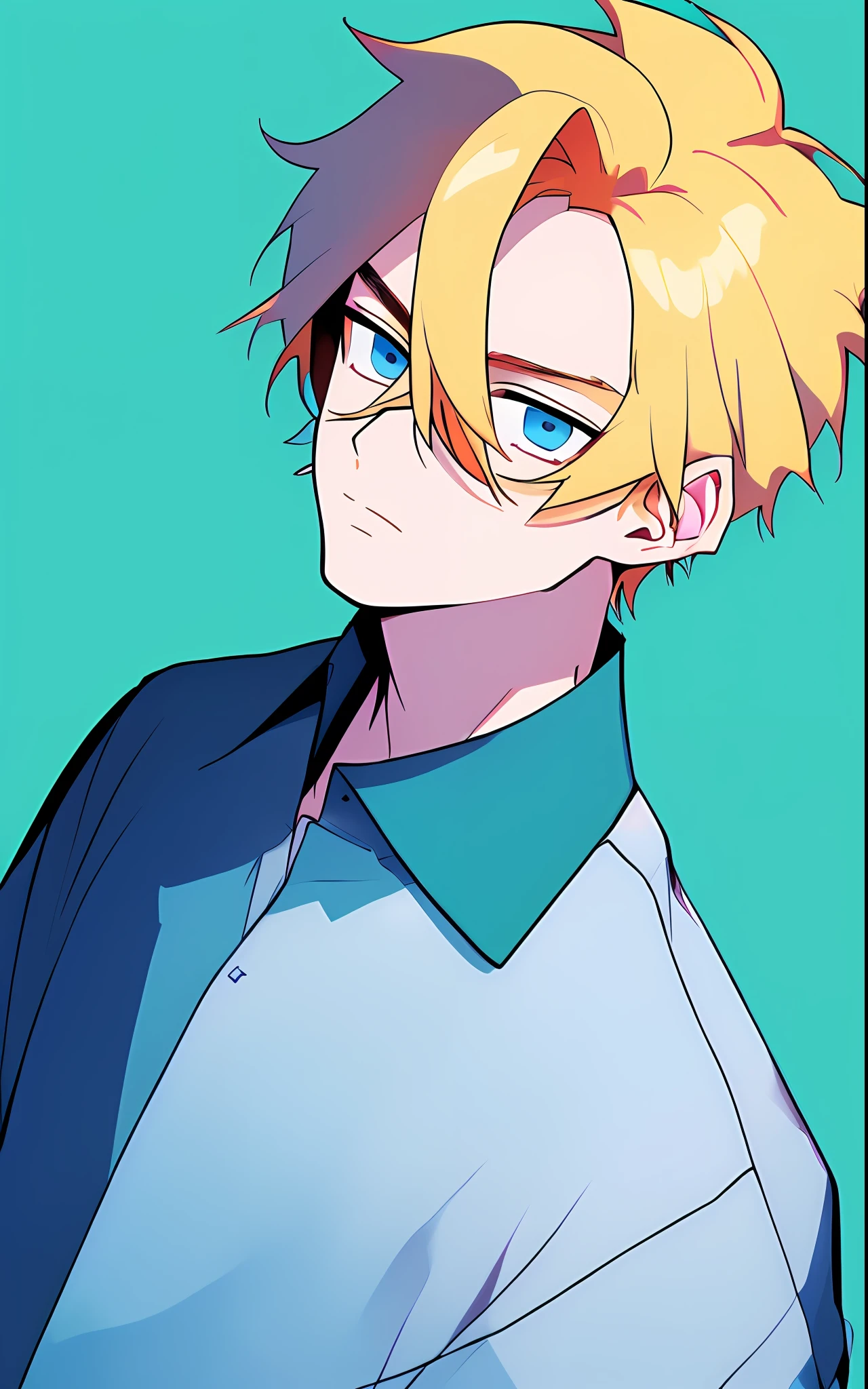 (1 boy, man), upper body, blonde hair, close-up, (flat color: 1), (aesthetic background), angle, friend, (three whites: 1.4) (facing left: 2), fresh and delicate
