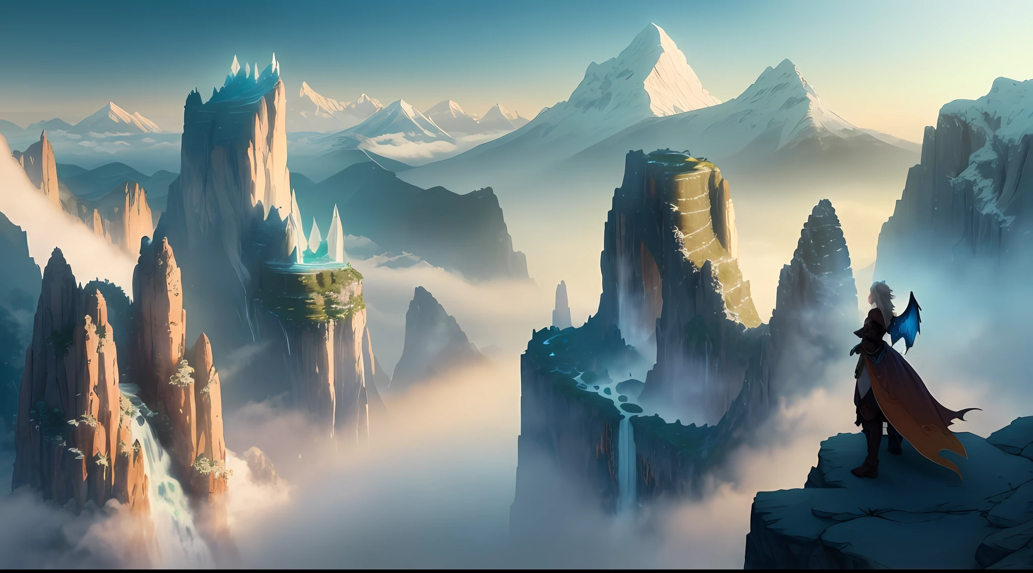 Behold Dragon's Peak, a towering mountain range veiled in a mysterious mist that wraps around its peaks like a cloak. The mountains rise majestically, their rugged slopes and jagged peaks reaching towards the sky. The air is tinged with an electric energy, hinting at the ancient power that resides within.

As you approach Dragon's Peak, the mist thickens, obscuring your view and heightening the sense of anticipation. Shadows dance and swirl within the fog, as if ethereal creatures are watching from unseen realms. The atmosphere is heavy with the presence of mythical beasts, their primal roars echoing through the valleys.

Amongst the mist, you catch glimpses of colossal dragon silhouettes, their scales gleaming with an otherworldly iridescence. Some soar through the air with grace, their wings spanning vast distances, while others perch atop towering cliffs, surveying their domain with fiery eyes.

The landscape surrounding Dragon's Peak is both awe-inspiring and treacherous. Waterfalls cascade down sheer cliffs, their pristine waters crashing into crystal-clear pools below. Dense forests teem with fantastical creatures, from playful sprites to elusive unicorns. Ancient ruins, remnants of a forgotten civilization, dot the valleys, holding secrets and untold stories.

As an artist, you have the opportunity to capture the enigmatic essence of Dragon's Peak. Let your imagination take flight as you paint, draw, or sculpt this mythical landscape. Convey the mist-shrouded mountains, the presence of ancient dragons, and the ethereal beauty that lingers in every crevice. Immerse yourself in the magic and wonder of Dragon's Peak, creating a piece of art that transports viewers to a world where legends come alive.