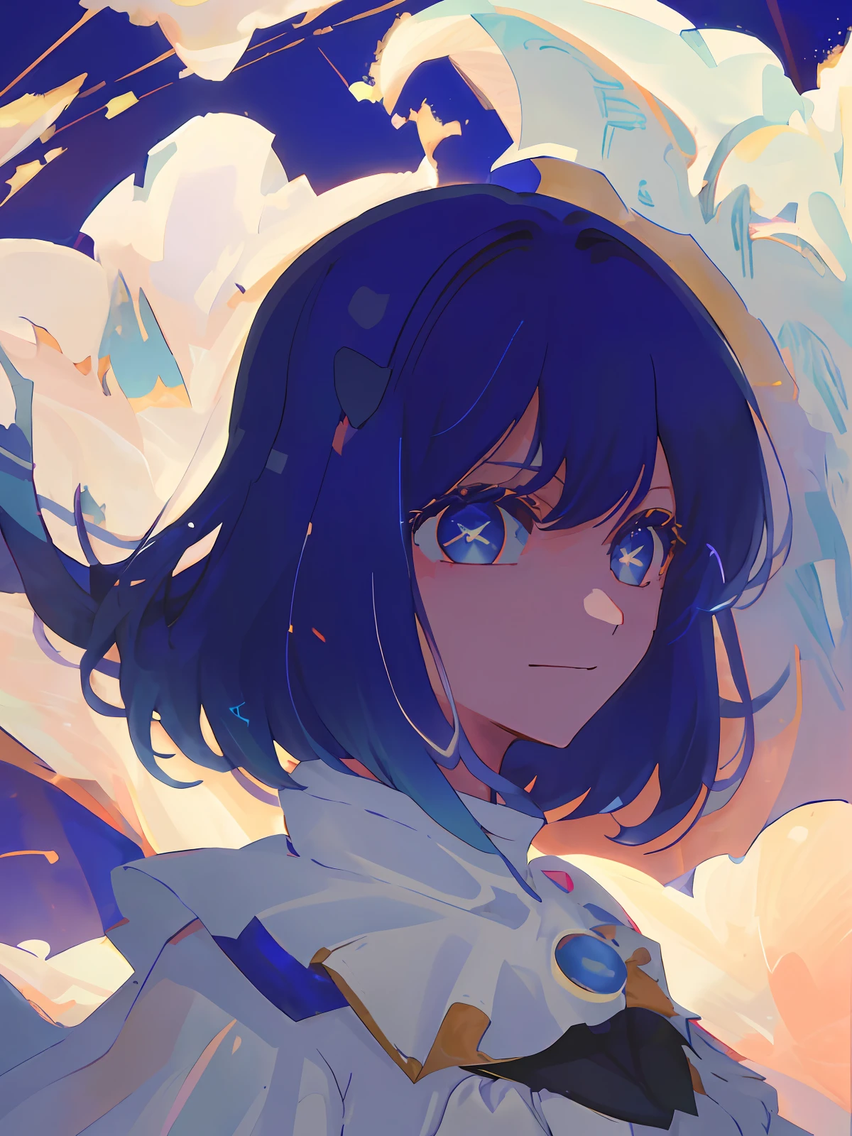 solo, 1girl, masterpiece, best quality, extremely detailed, Cinematic lighting, intricate detail, highres, official art, finely detailed beautiful face and eyes, high resolution illustration, 8k, depth of field, bokeh, dark intense shadows, overexposure,((space)), universe, short blue hair, blue hair, star pupil eyes, mature girl, beautiful blue eyes, medium breast, gradient hair, white dress, beatiful dress, fluttering dress, long sleeves, detailed clouds, gradient sky, blue eyes, purple sky, black sky, stars, ((milky way)), smile, looking at viewer, upper body