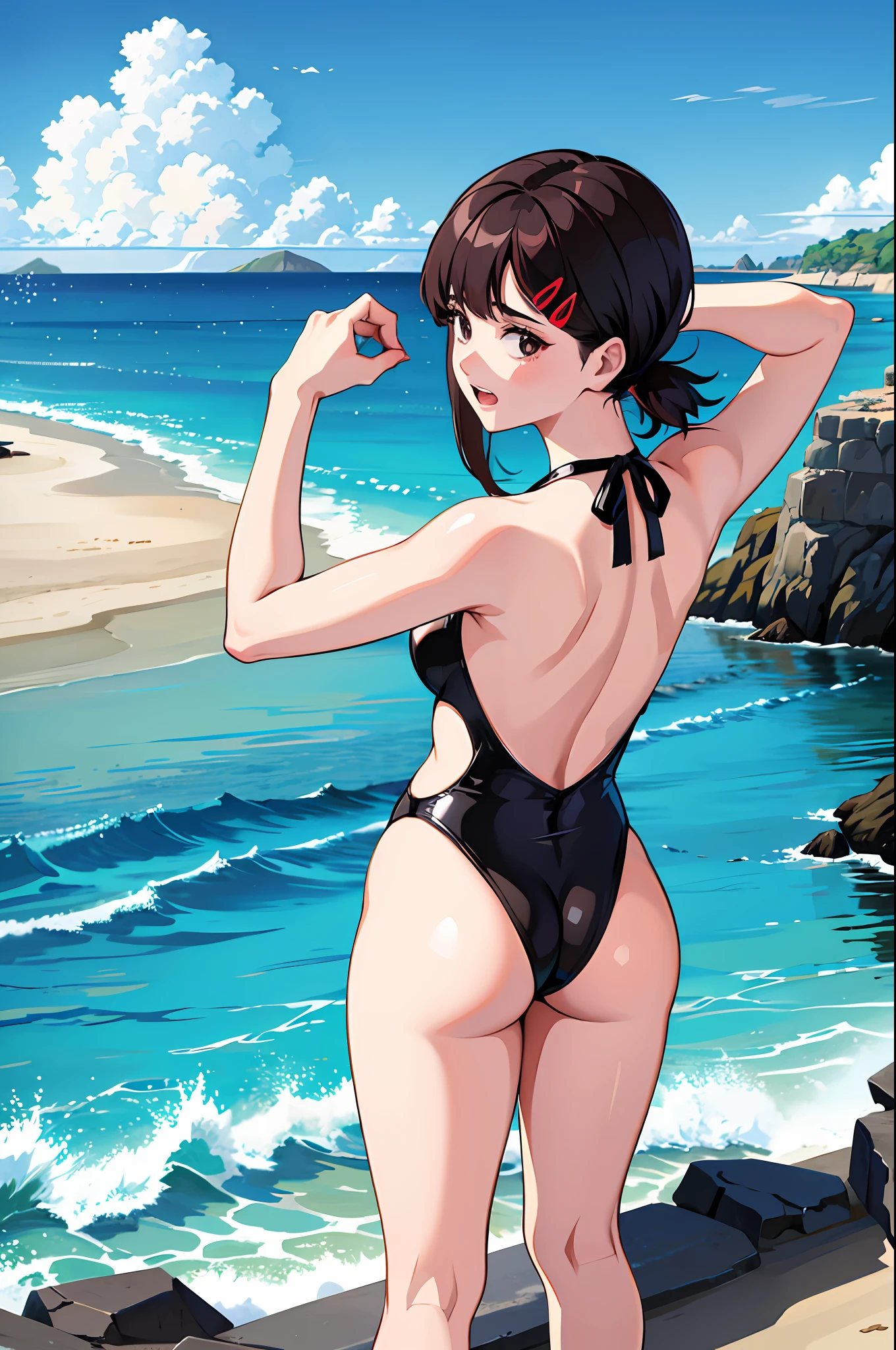 A girl posing standing with her back, looking back, showing her butt, wearing black swimwear, on the beach, landscape, dental floss, transparent swimwear