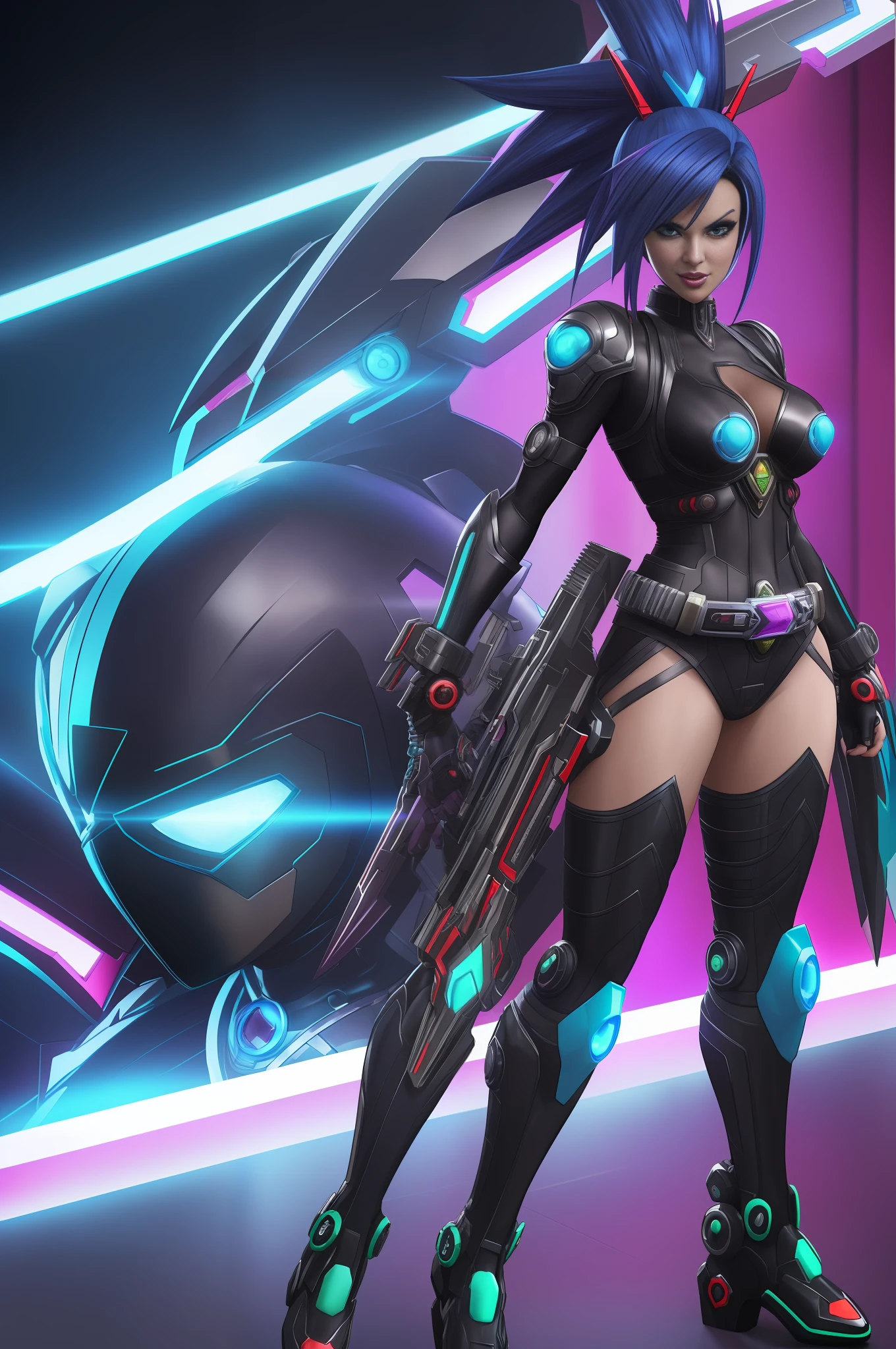 (Full body image of a woman/Kamen Rider/Mega Man-x/Cyberpunk), in a brothel in front of a bed, blue mohawk hair, staring at the viewer/grimacing with her tongue/holding futuristic weapons. Image with Max quality/resolution/sharpness/detail, Unreal Engine 5/Mortal Kombat, Cartoon/Anime style,