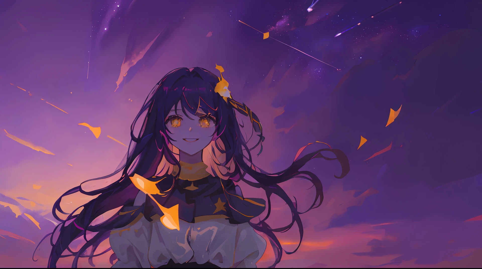 Solo, 1girl, masterpiece, best quality, extremely detailed, Cinematic lighting, intricate detail, highres, official art, finely detailed beautiful face and eyes, high resolution illustration, 8k, dark intense shadows, overexposure,((space)), universe, long purple hair, purple hair, gradient hair, white dress, simple dress, fluttering dress, long sleeves, detailed clouds, gradient sky, yellow eyes, purple sky, black sky, stars, ((milky way)), smile, looking at viewer, upper body