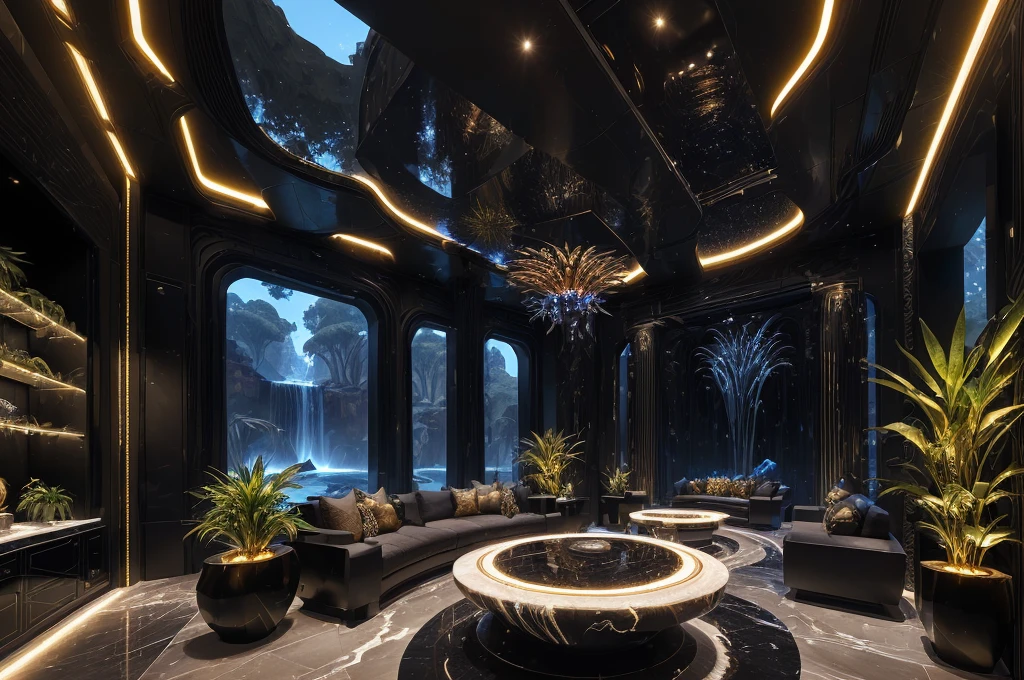 incredible black luxurious futuristic interior in Ancient Egyptian style with many ((lush plants)) (lotus flowers), ((palm trees)), (((african flowers and plants))), rocky walls, ((sand)), ((waterfalls)) (marble), ((precious minerals)), ((metals)), (gemstones), crystals, clouds and (((water))), (curvy futuristic furniture), (hieroglyphics), ((trees, flowers, plants made out of gemstones and precious minerals and lights)), crocodiles, (((ultra luxury))), (black marble) – with ((beautiful lights)), Unreal Engine, HQ, 16k
