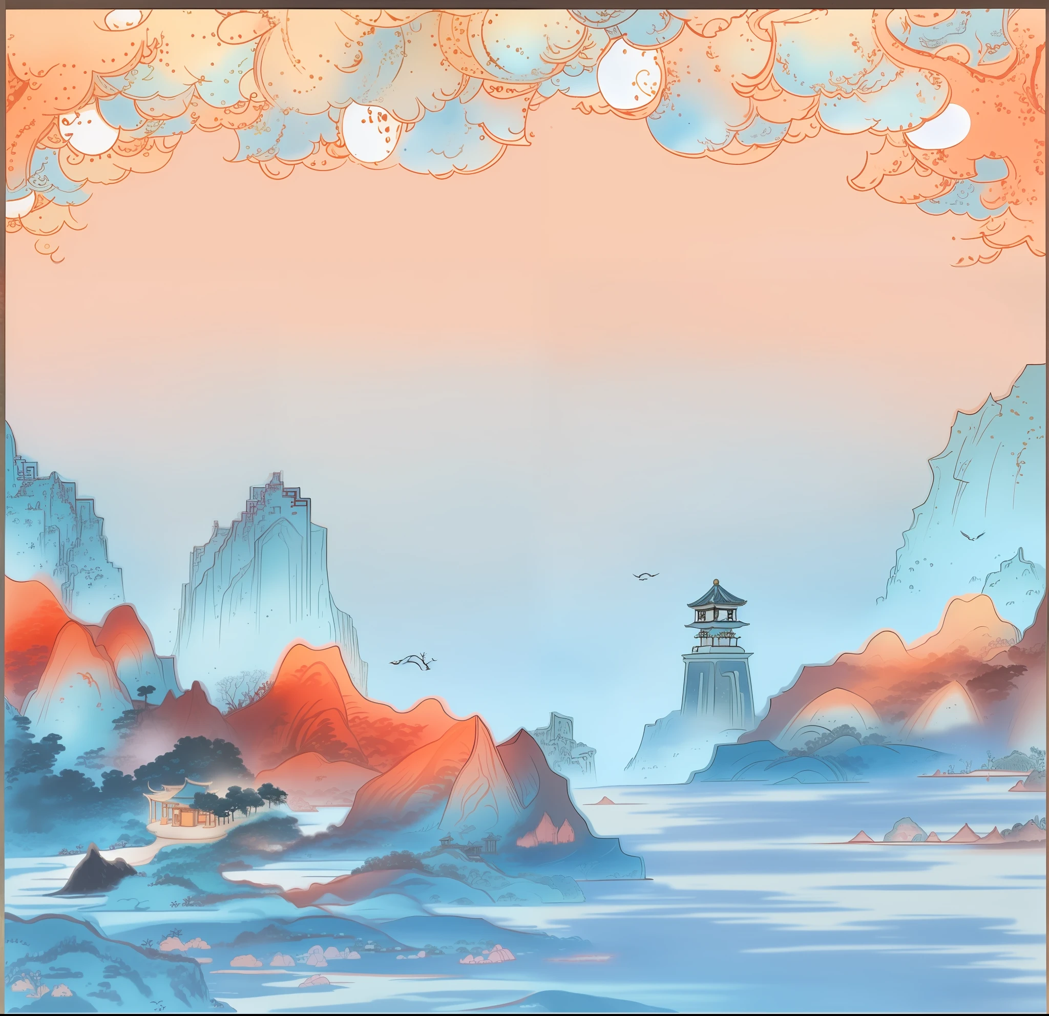 There is a painting, fairy tale hand-drawn style, fantasy ocean landscape, Chinese landscape, background depicting temple, symmetrical fantasy landscape, temple background, Chinese watercolor style, Zen temple background, Japanese painting, detailed landscape - width 672, surreal dream landscape, mysterious fantasy landscape, colorful fox city