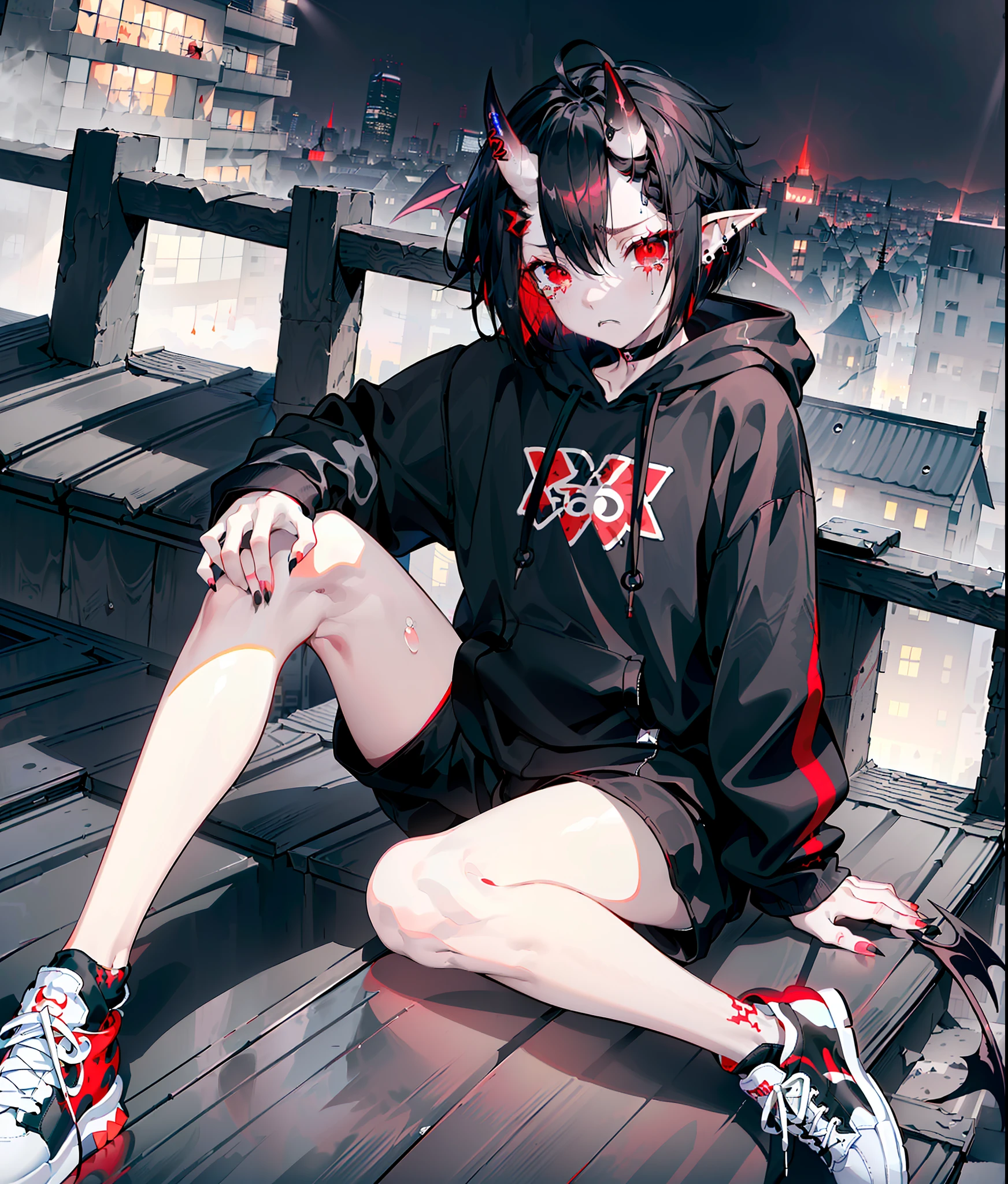 highest quality, masterpiece, gelbooru, pixiv, 1boy, detailed eyes, slit pupils, detailed face, pale skin, eyebags, eyeliner, ((singular demon horn on right side of head)), ((red eyes, sharp eyes, eyebags)), skinny, ((black hair, messy straight bob hairstyle, short hair, longer middle strand), ahoge, looking at viewer, angry expression, (black bandlogo hoodie, oversize sneakers), shorts, earring, pink painted nails, night city background, uhd, perfectly photorealistic, elf ears, young boy, soft features, kawaii, soft boy, emo, dark atmosphere, moonlight, ((sitting on rooftop)), lonely, ((tears in eyes))