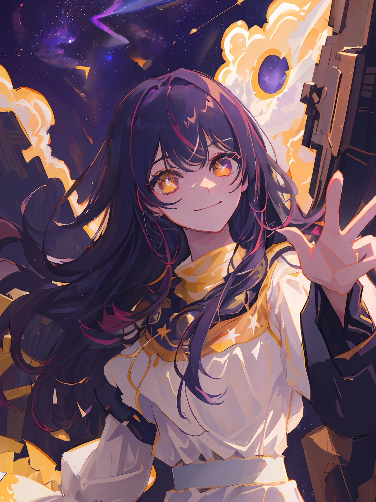 Solo, 1girl, masterpiece, best quality, extremly detailed, Cinematic lighting, intricate detail, highres, official art, finely detailed beautiful face and eyes, high resolution illustration, 8k, dark intense shadows, overexposure,((space)), universe, long rainbow hair, purple hair, gradient hair, white dress, simple dress, fluttering dress, long sleeves, detailed clouds, gradient sky, yellow eyes, purple sky, black sky, stars, ((milky way)), smile, looking at viewer, upper body