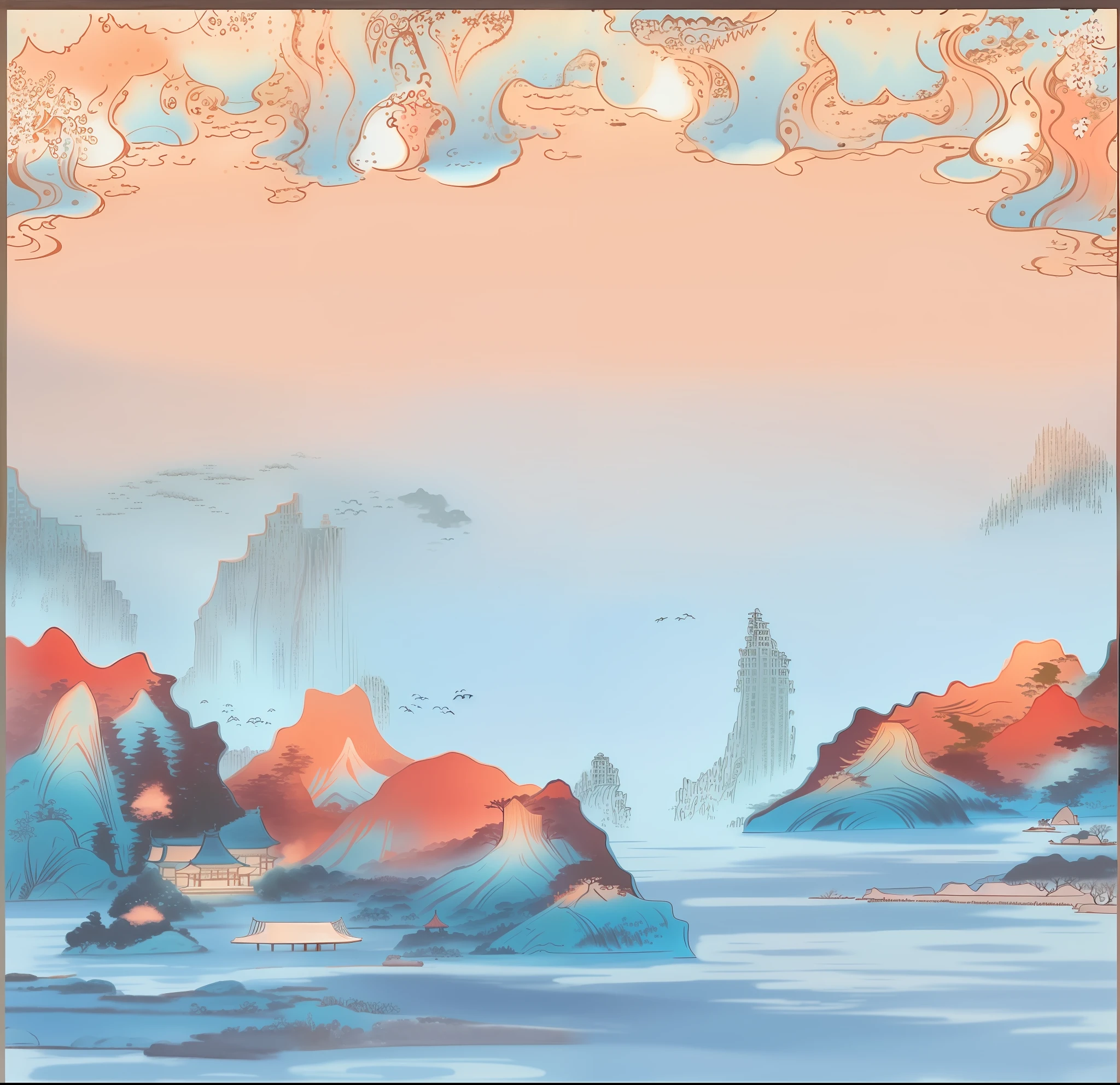There is a painting, fairy tale hand-drawn style, fantasy ocean landscape, Chinese landscape, background depicting temple, symmetrical fantasy landscape, temple background, Chinese watercolor style, Zen temple background, Japanese painting, detailed landscape - width 672, surreal dream landscape, mysterious fantasy landscape, colorful fox city