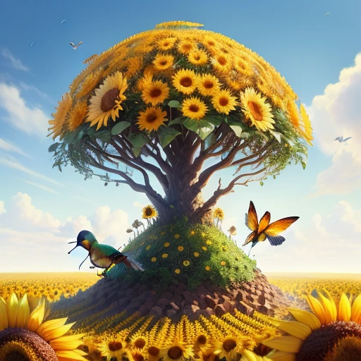 anthill with sunflower and hummingbird on it semirealistic fantasy