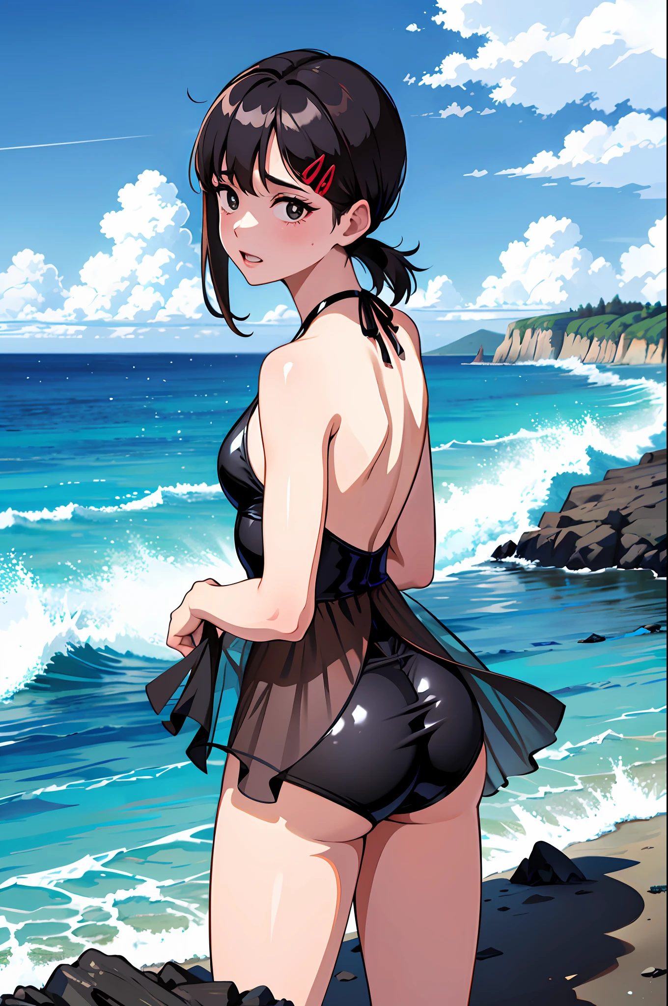 A girl posing standing with her back, looking back, showing her butt, wearing black swimwear, on the beach, landscape, dental floss, transparent swimwear, you can see slightly her