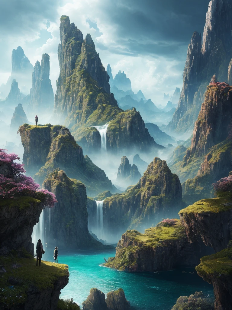 Masterpiece, best quality, high quality, extremely detailed CG unity 8k wallpaper, landscape, outdoor, sky, clouds, sky, no humans, mountain, landscape, water, tree, blue sky, waterfall, cliff, nature, lake, river , cloudy skies, award winning photography, bokeh, depth of field, HDR, bloom, chromatic aberration, photorealism, very detailed, trending on artstation, trending on CGsociety, intricate, high detail, dramatic, half way art