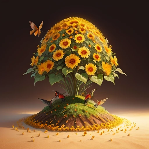 anthill with sunflower and hummingbird on it semirealistic fantasy