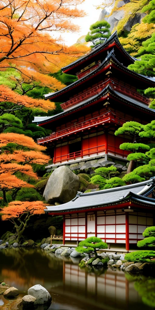 trees are in front of a building with a pond in front of it, ancient japanese architecture, japanese temples, japanese temple, zen temple background, kyoto inspired, japanese architecture, japan nature, lush japanese landscape, traditional japanese colors, japanese landscape, beautiful wallpaper, ancient japan, amazing wallpaper, japanese heritage, ancient japanese, kyoto japan setting, kyoto, japanese style, traditional japanese