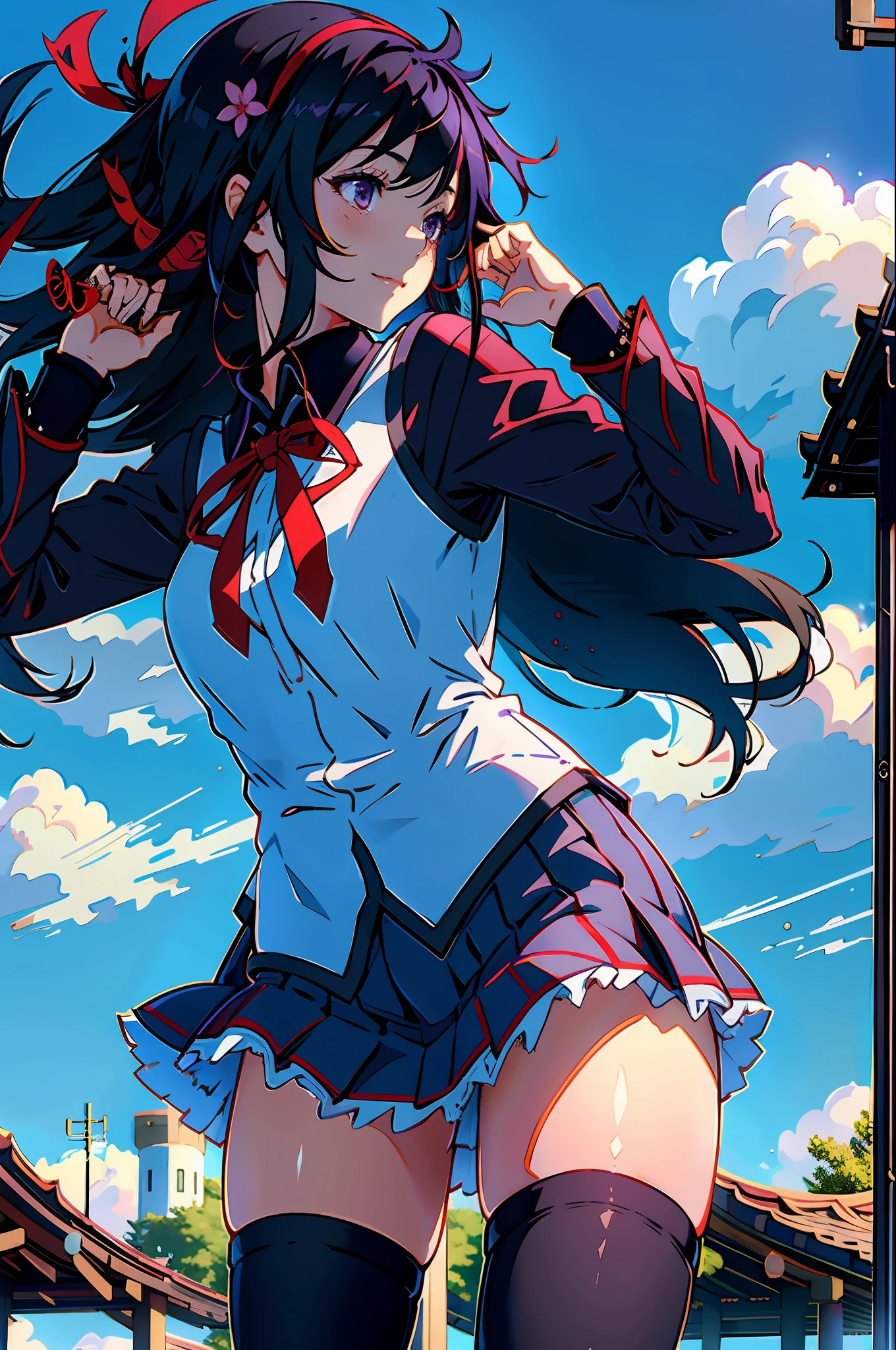 1girl, solo, akemi, quiet background,touching a Higanbana flower, school uniform, loose hair, long hair, black hair with red tiara, sunlight, clear sky without clouds, (masterpiece) (best quality), extremely detailed, smile, pantyhose, short skirt