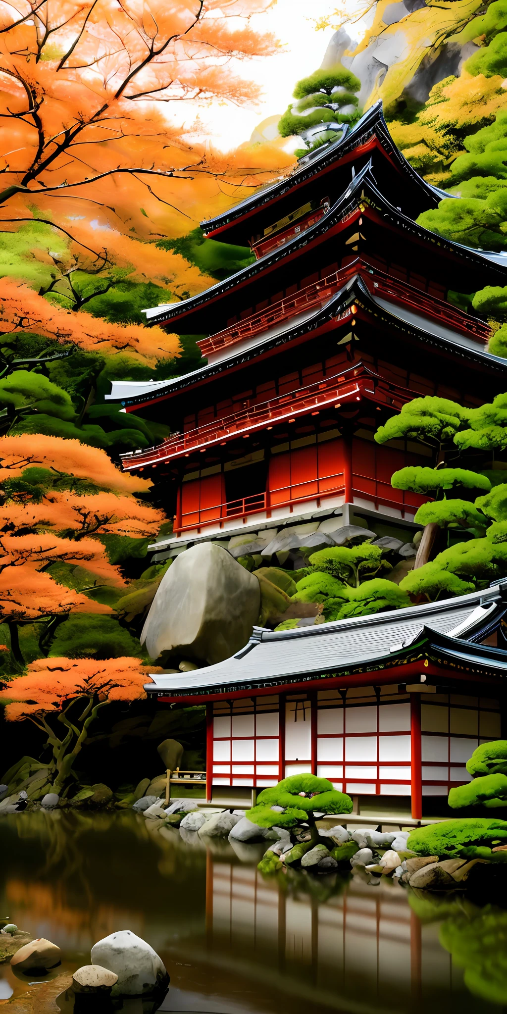 trees are in front of a building with a pond in front of it, ancient japanese architecture, japanese temples, japanese temple, zen temple background, kyoto inspired, japanese architecture, japan nature, lush japanese landscape, traditional japanese colors, japanese landscape, beautiful wallpaper, ancient japan, amazing wallpaper, japanese heritage, ancient japanese, kyoto japan setting, kyoto, japanese style, traditional japanese