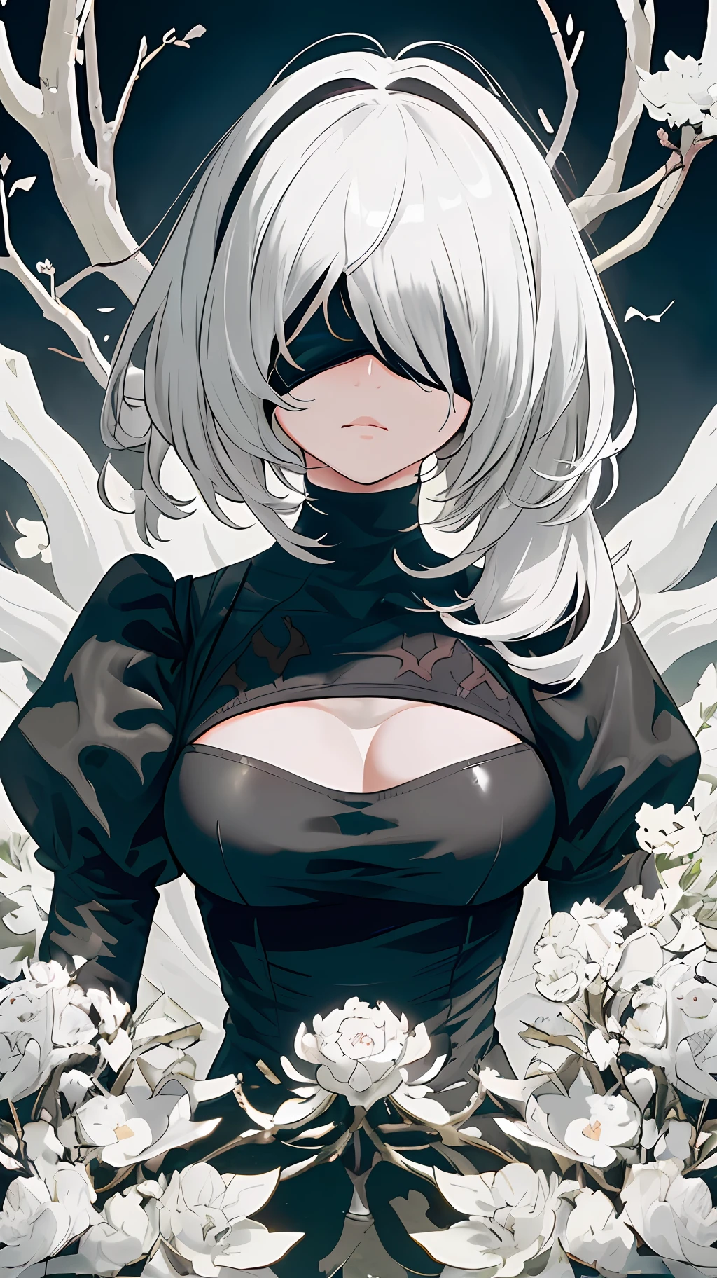 masterpiece, best quality, solo, (yorha no. 2 type b:1.14), (covered eyes:1.05), (portrait:1.1), (upper body:1.1), medium breasts, expressionless, 1girl, solo, (ruffling hair, messy hair:1.1), white hair, shiny hair