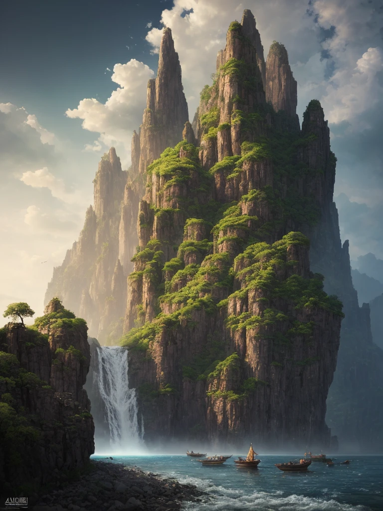 Masterpiece, best quality, high quality, extremely detailed CG unity 8k wallpaper, landscape, outdoor, sky, clouds, sky, no humans, mountain, landscape, water, tree, blue sky, waterfall, cliff, nature, lake, river , cloudy skies, award winning photography, bokeh, depth of field, HDR, bloom, chromatic aberration, photorealism, very detailed, trending on artstation, trending on CGsociety, intricate, high detail, dramatic, half way art