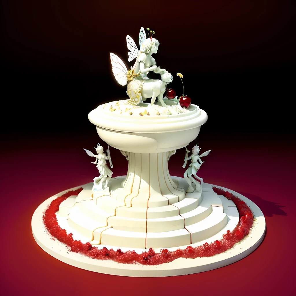 an white chocolate like fountain ant hill  with some cherries circling around, and on front, a fairy statue in each side