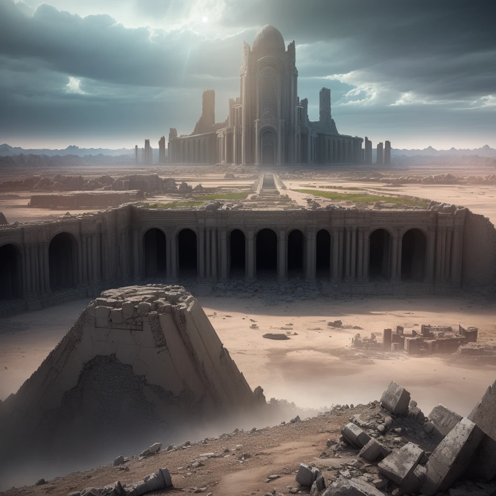 end of the world, ((Extreme Wide Shot)), HDR, Dramatic Lighting, (8k resolution), 8k, 8kres, palace, masterpiece, best quality, ruins, planet, plant, (1girl)