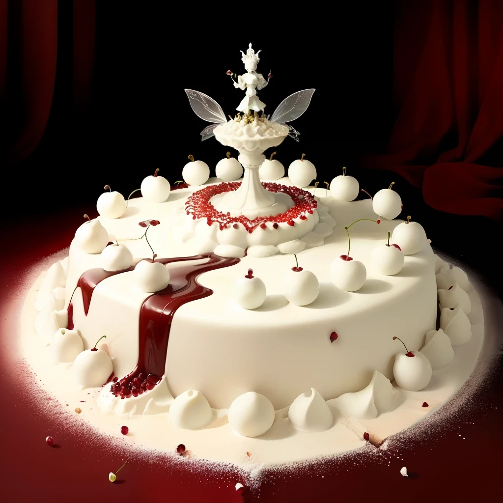 an white chocolate like fountain ant hill with some cherries circling around, and on front, a fairy statue in each side