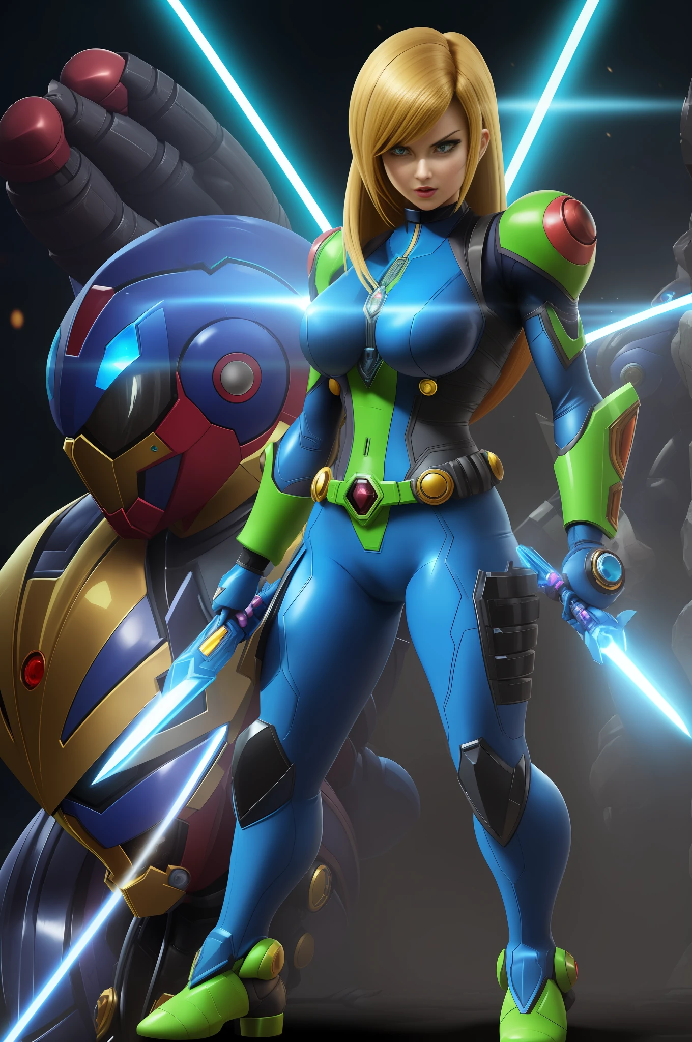 (Full body image of a woman/Kamen Rider/Mega Man-x/Samus Aran), on a macabre battlefield full of zombies, blue Super Sayajin hair, staring at the viewer/grimacing with her tongue/holding futuristic weapons. Image with Max quality/resolution/sharpness/detail, Unreal Engine 5/Mortal Kombat, Cartoon/Anime style,