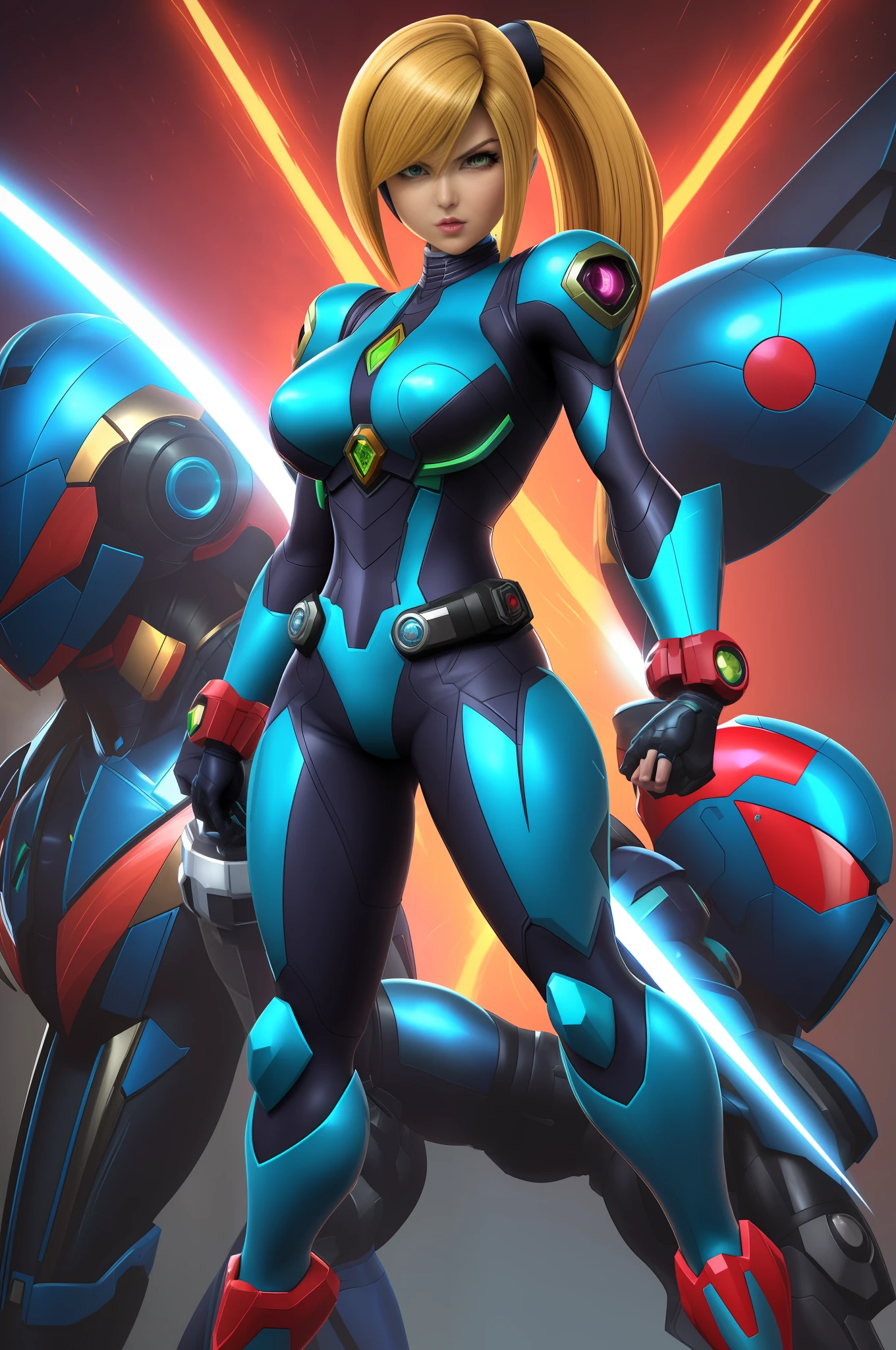 (Full body image of a woman/Kamen Rider/Mega Man-x/Samus Aran), on a macabre battlefield full of zombies, blue Super Sayajin hair, staring at the viewer/grimacing with her tongue/holding futuristic weapons. Image with Max quality/resolution/sharpness/detail, Unreal Engine 5/Mortal Kombat, Cartoon/Anime style,
